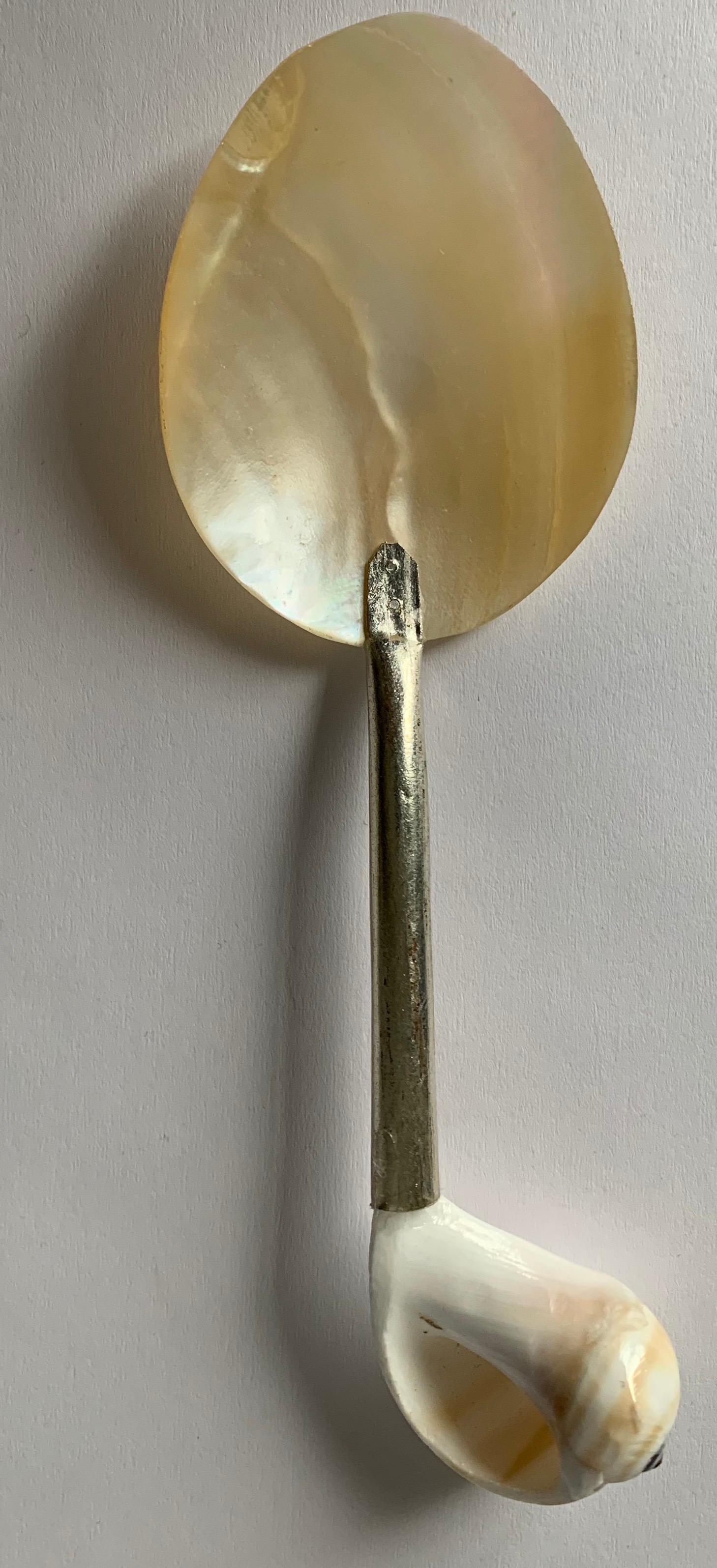 Set of 4 Victorian mother of pearl spoons. Each has a mother of pearl bowls with shell, metal and wood handles. No makers mark or signature.