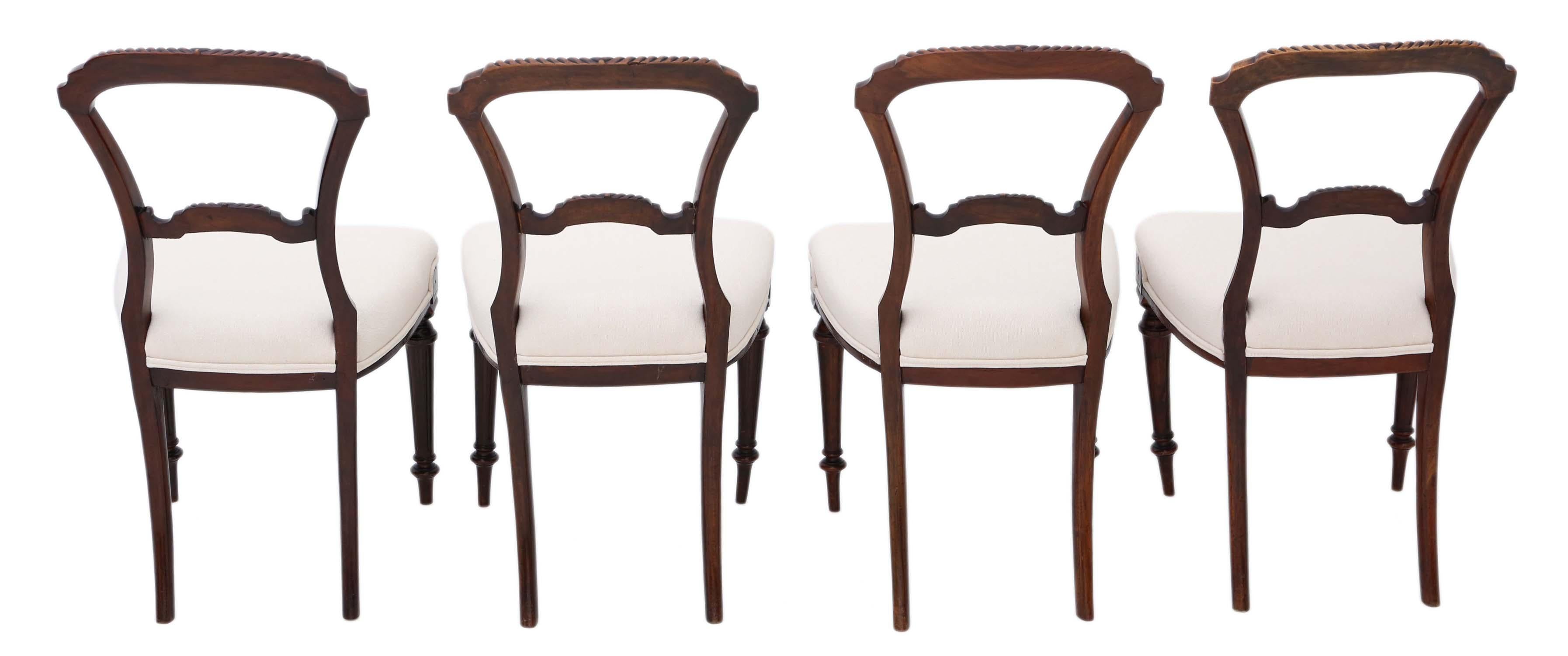 Antique set of 4 Victorian circa 1880 walnut balloon back dining chairs.
No loose joints.
New upholstery in a heavyweight fabric.
Would look great in the right location!
Overall maximum dimensions: 46cm W x 50cm D x 87cm H (44cm high seat when