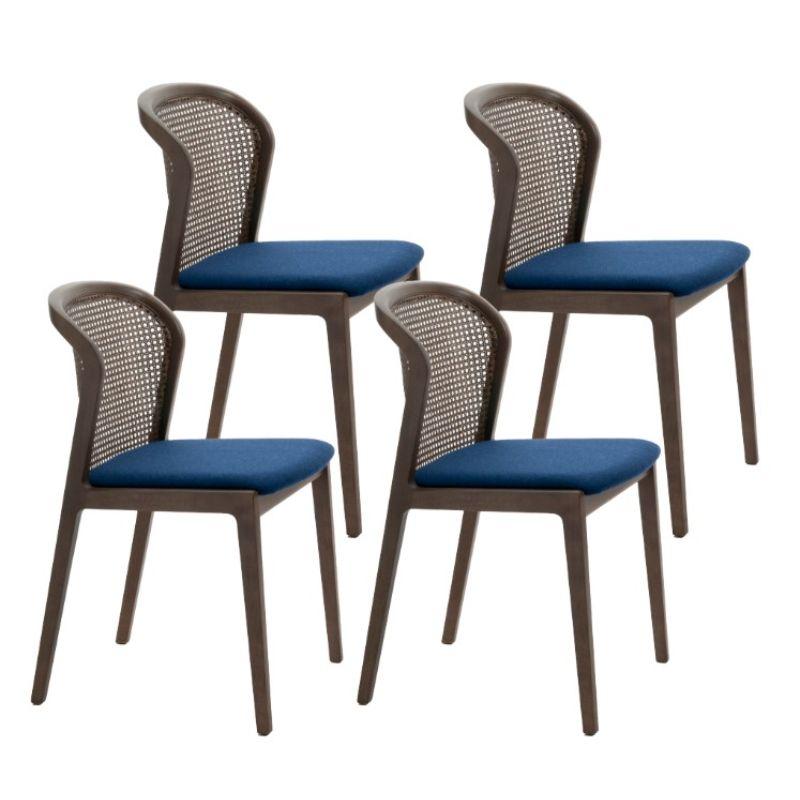 Set of 4, vienna chair, canaletto, nord wool blue by Colé Italiawith Emmanuel Gallina
Dimensions: H 78, W 48, D 50 cm
Materials: Stained beech wood chair with straw back and upholstered seat
Wood stained finishing: CA Canaletto; WE Wengé; BK