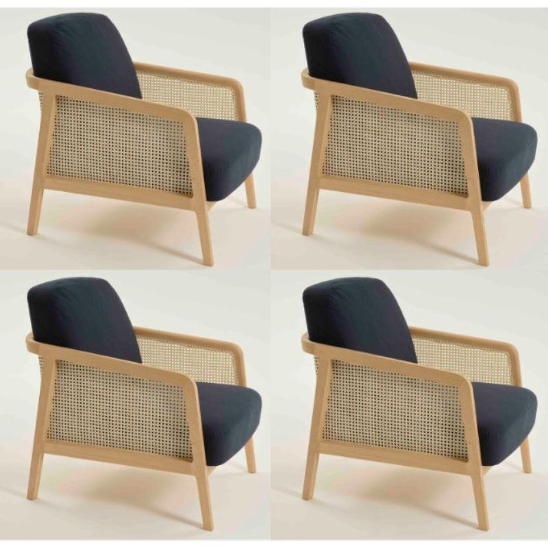 Set of 4, Vienna Lounge beech blue by Colé Italia with Emmanuel Gallina
Dimensions: H 78, W 53, D 50 cm
Materials: Lounge armchair in natural beech wood and straw; upholstered seat and back.
Possibility to add a soft feather upholstered back