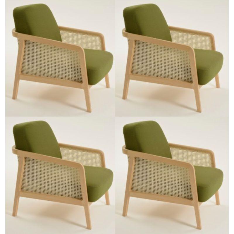 Set of 4, Vienna lounge beech palm green by Colé Italia with Emmanuel Gallina
Dimensions: H 78, W 53, D 50 cm
Materials: Lounge armchair in natural beech wood and straw; upholstered seat and back.
Possibility to add a soft feather upholstered