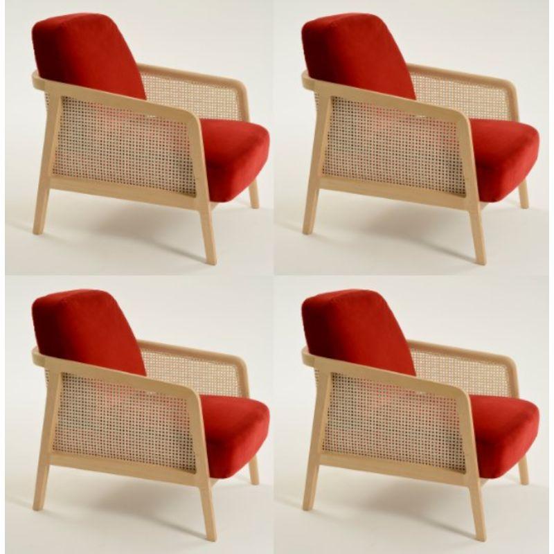 Set of 4, Vienna lounge beech red velvet by Colé Italia with Emmanuel Gallina
Dimensions: H 78, W 53, D 50 cm
Materials: Lounge armchair in natural beech wood and straw; upholstered seat and back.
Possibility to add a soft feather upholstered