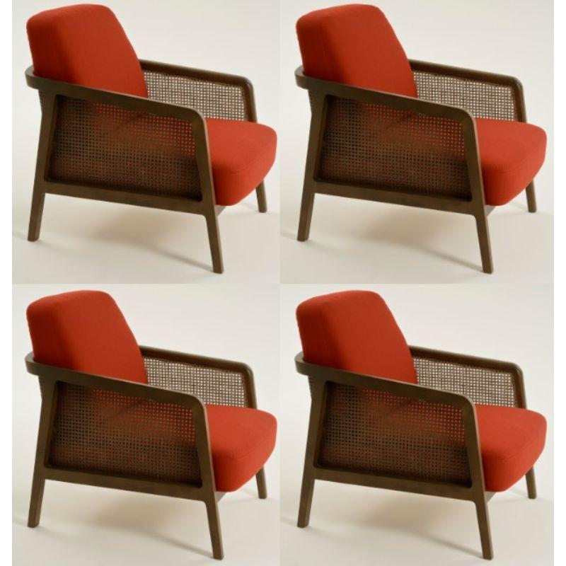 Set of 4, Vienna Lounge Canaletto Chili Red by Colé Italia with Emmanuel Gallina
Dimensions: H 78, W 53, D 50 cm
Materials: Lounge armchair in stained beech wood and straw; upholstered seat and back ( Cat CC)
Finishing: CA Canaletto, WE Wengè, BK