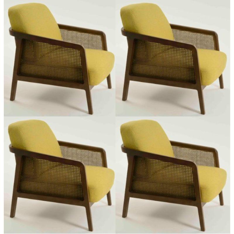 Set of 4, Vienna Lounge Canaletto yellow by Colé Italia with Emmanuel Gallina
Dimensions: H 78, W 53, D 50 cm
Materials: Lounge armchair in stained beech wood and straw; upholstered seat and back ( Cat CC)
Finishing: CA Canaletto, WE Wengè, BK