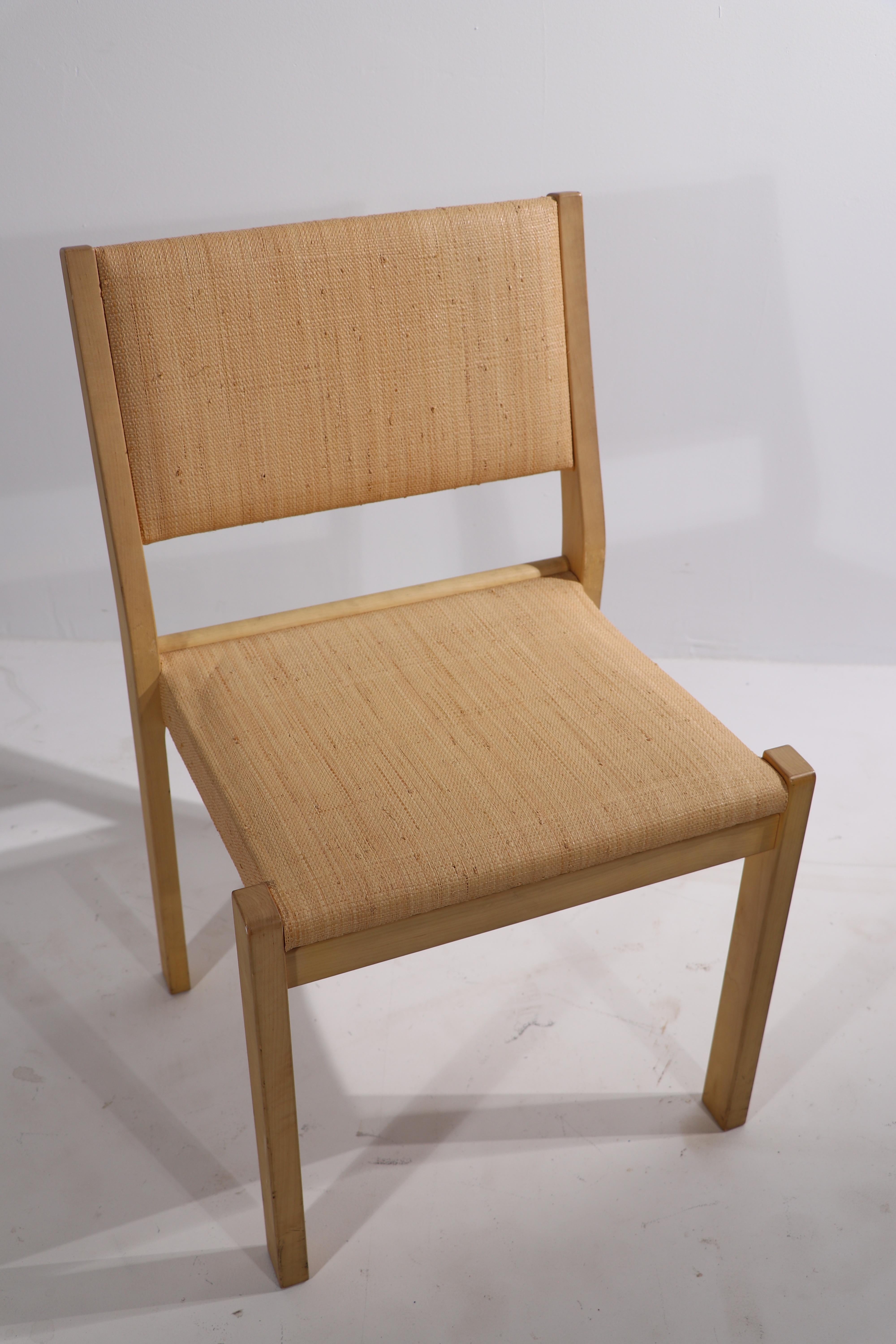 Classic Model 611 ding chairs designed by Alvar Aalto for Artek, Made in Finland. These chairs are unusual in that they have rush seats and backs as opposed to the more common webbed seats. Circa 1970's or possibly 1980's, all are in very good,