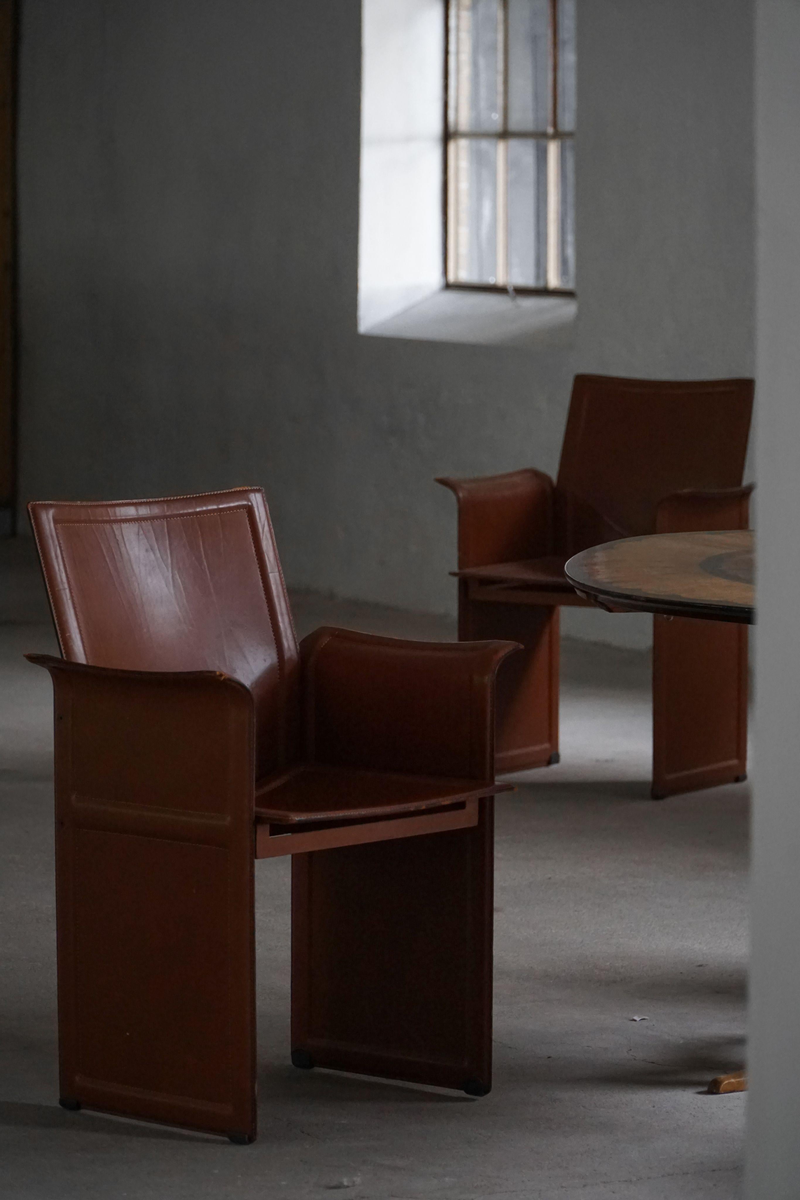 Set di 4 poltrone vintage in pelle marrone/rossa, Tito Agnoli, 