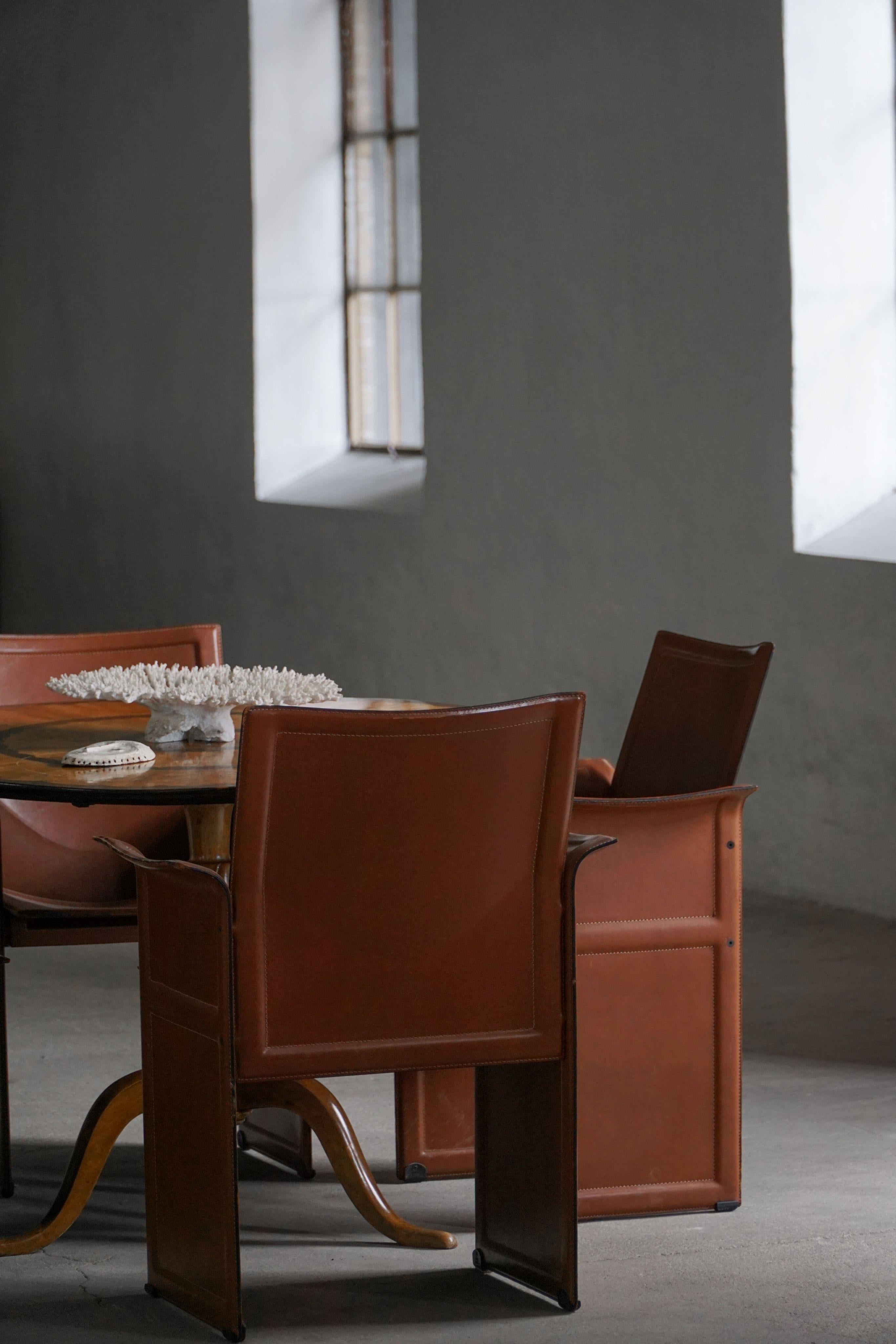 Set di 4 poltrone vintage in pelle marrone/rossa, Tito Agnoli, 