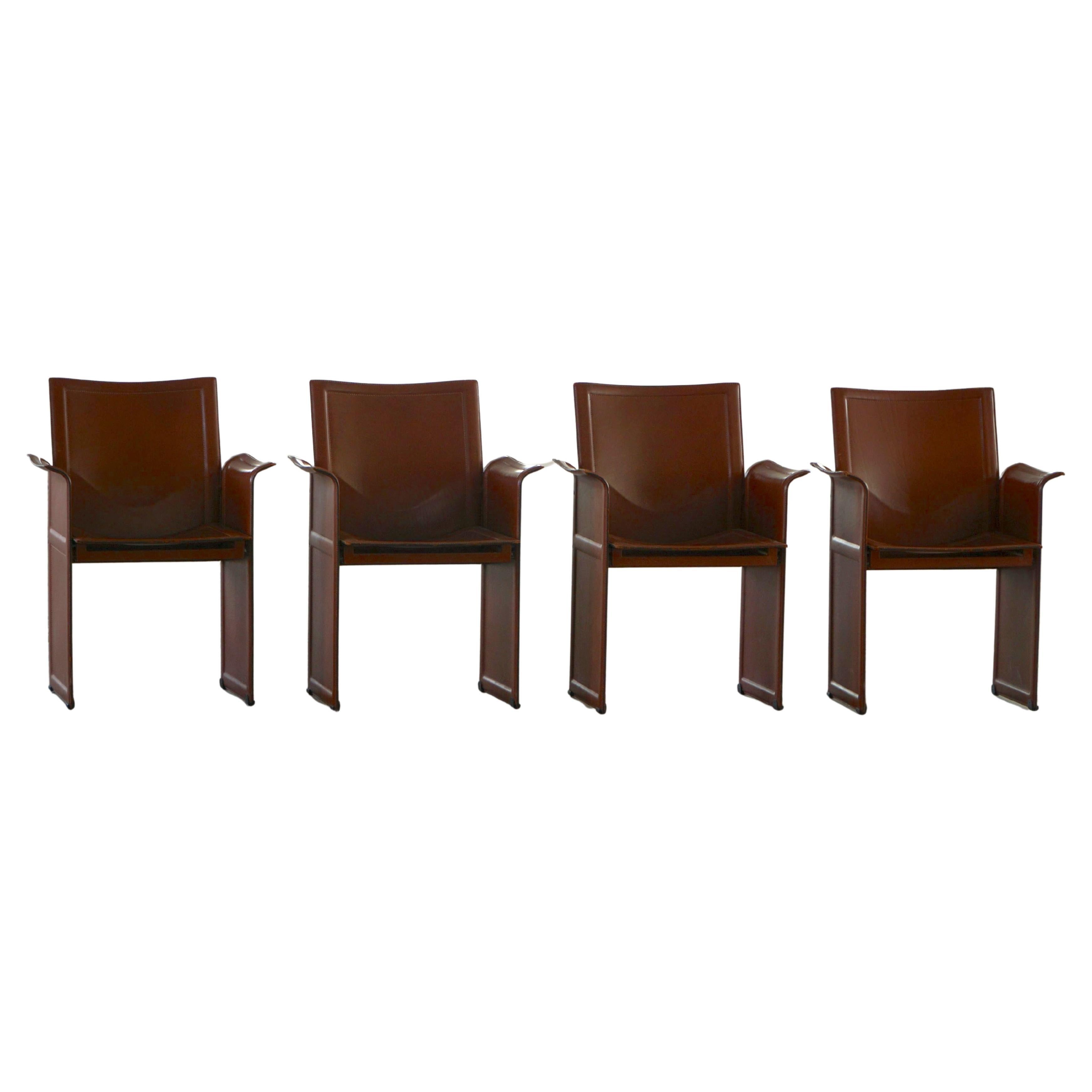 Set di 4 poltrone vintage in pelle marrone/rossa, Tito Agnoli, "Korium", anni '70
