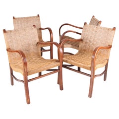 Ensemble de 4 fauteuils vintage en bois et corde d'Erich Dieckmann