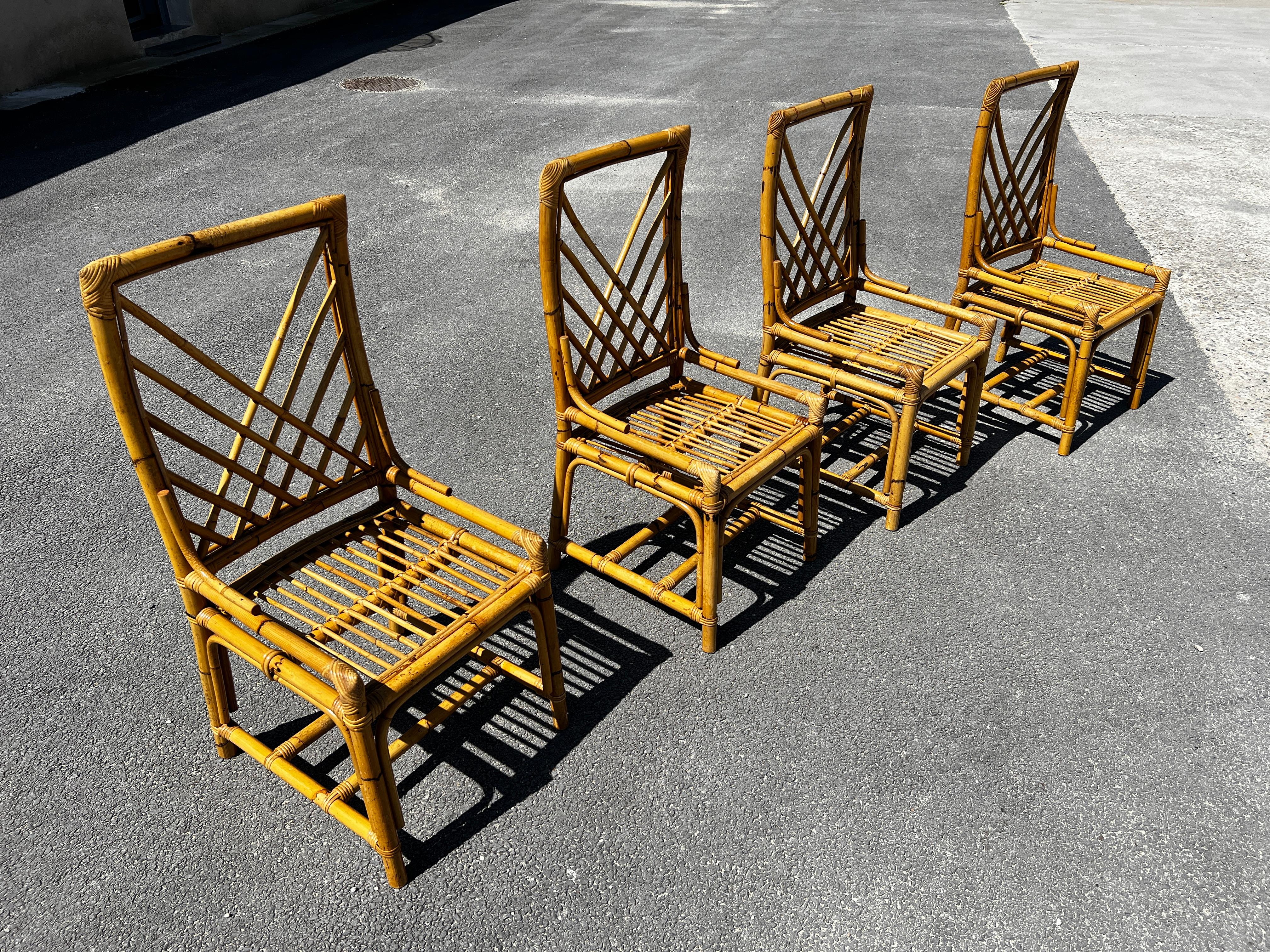 Set of 4 vintage bamboo and rattan chairs Circa 1970 Vivaï del Sud  In Good Condition For Sale In Saint Rémy de Provence, FR