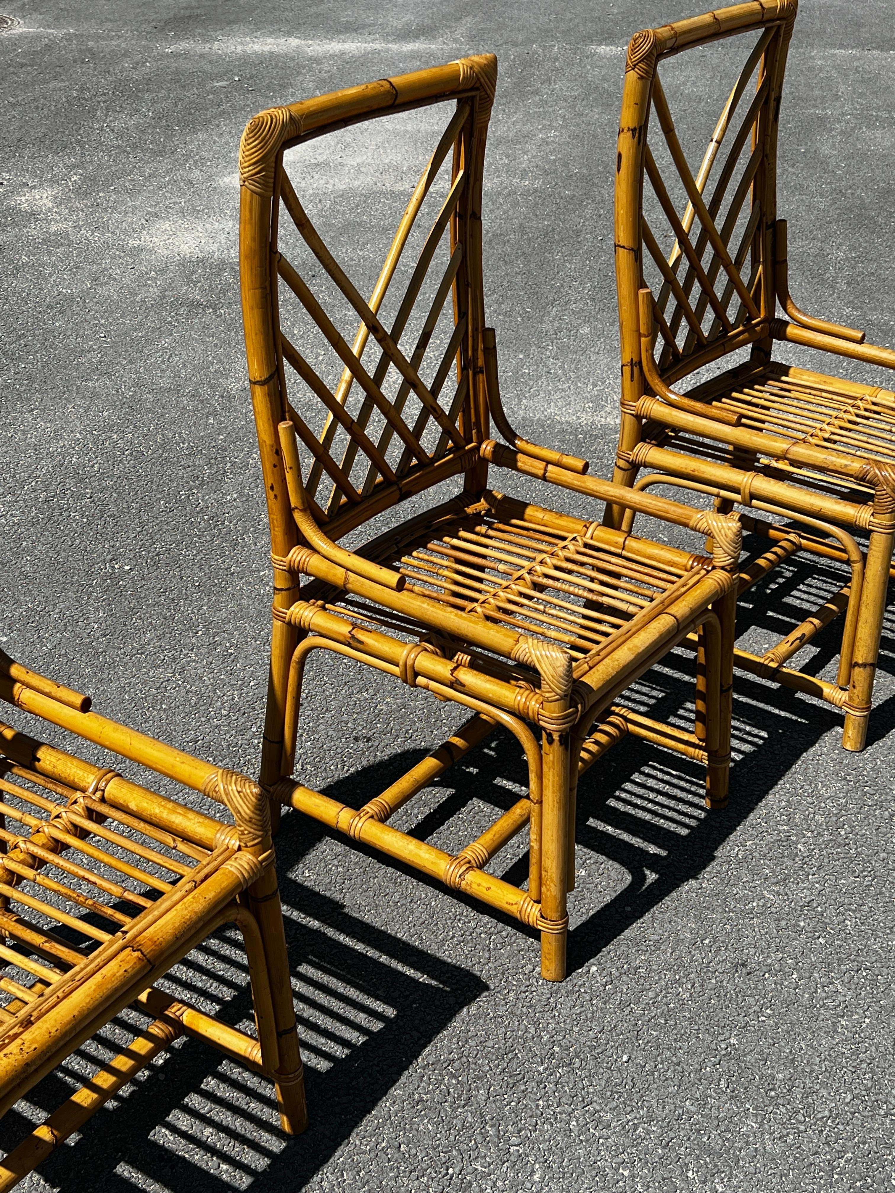 Bamboo Set of 4 vintage bamboo and rattan chairs Circa 1970 Vivaï del Sud  For Sale