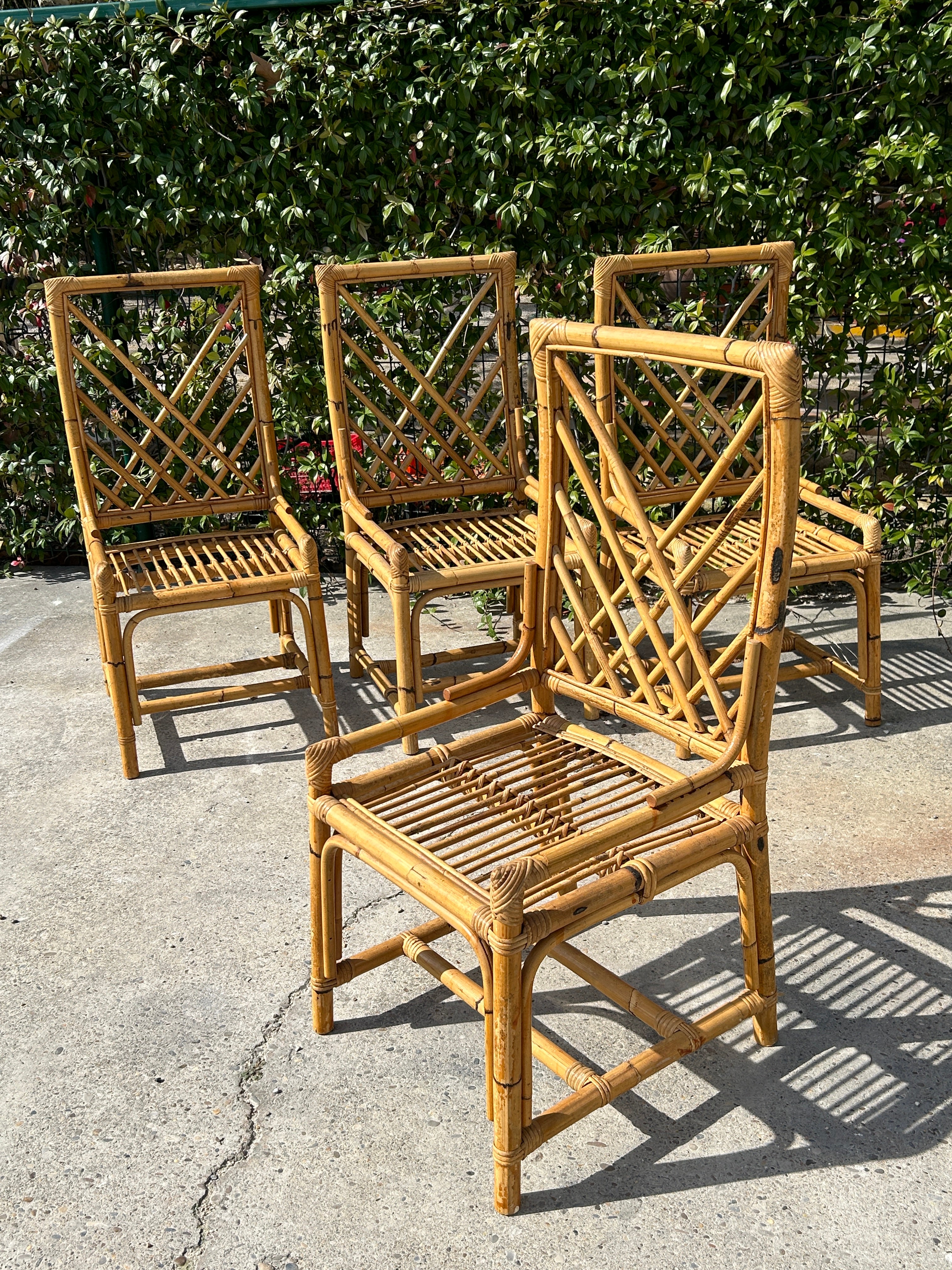 Ensemble de 4 chaises vintage en bambou et rotin Circa Vintage 1970 Vivaï del Sud  en vente