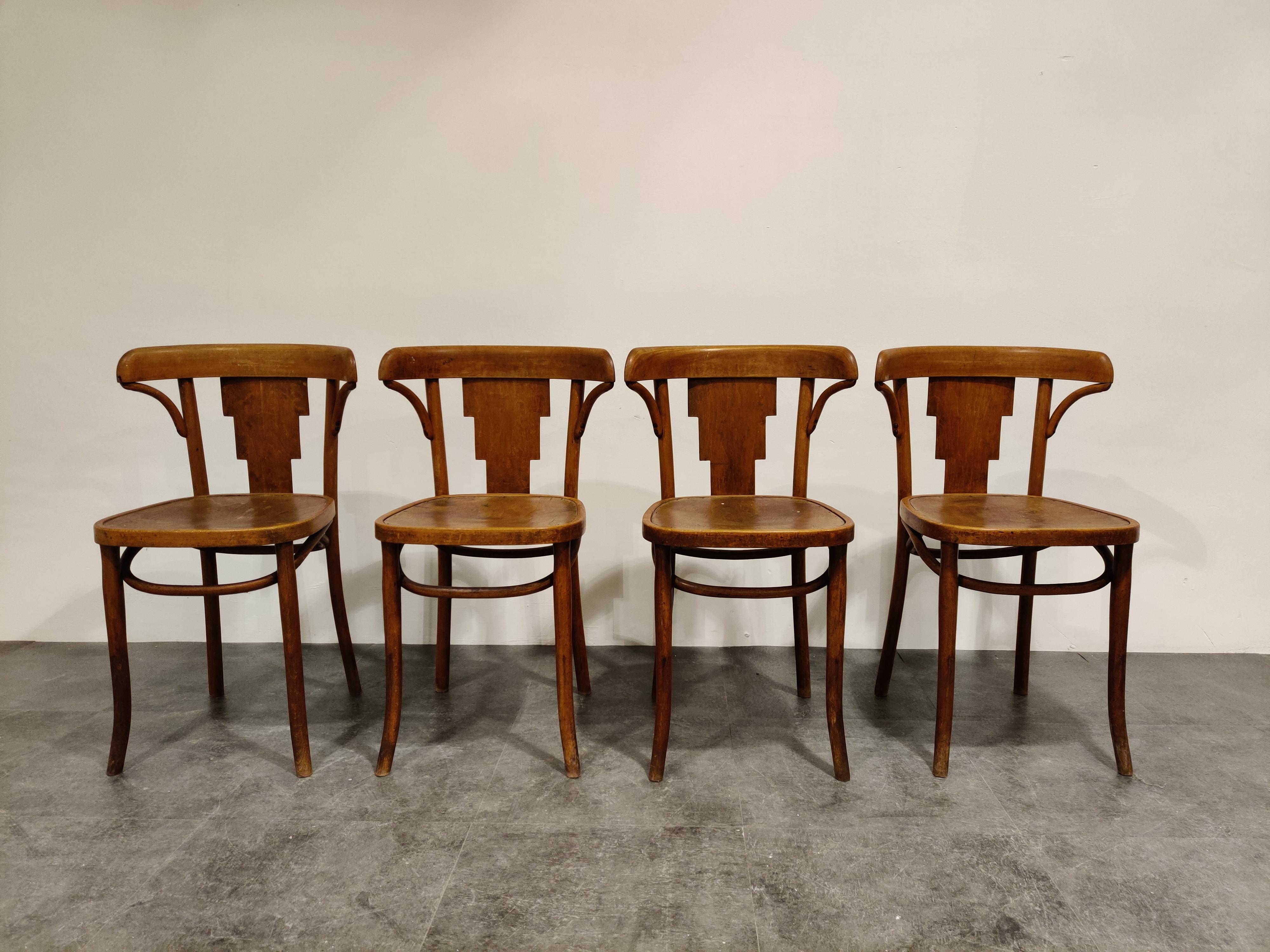 Set of 4 antique wooden bistro chairs by Luterma.

These original bistro chairs come from Estonia and where made in large umbers, however, few of these have survived.

They add a lovely antique touch to any dining/living room, notice the art