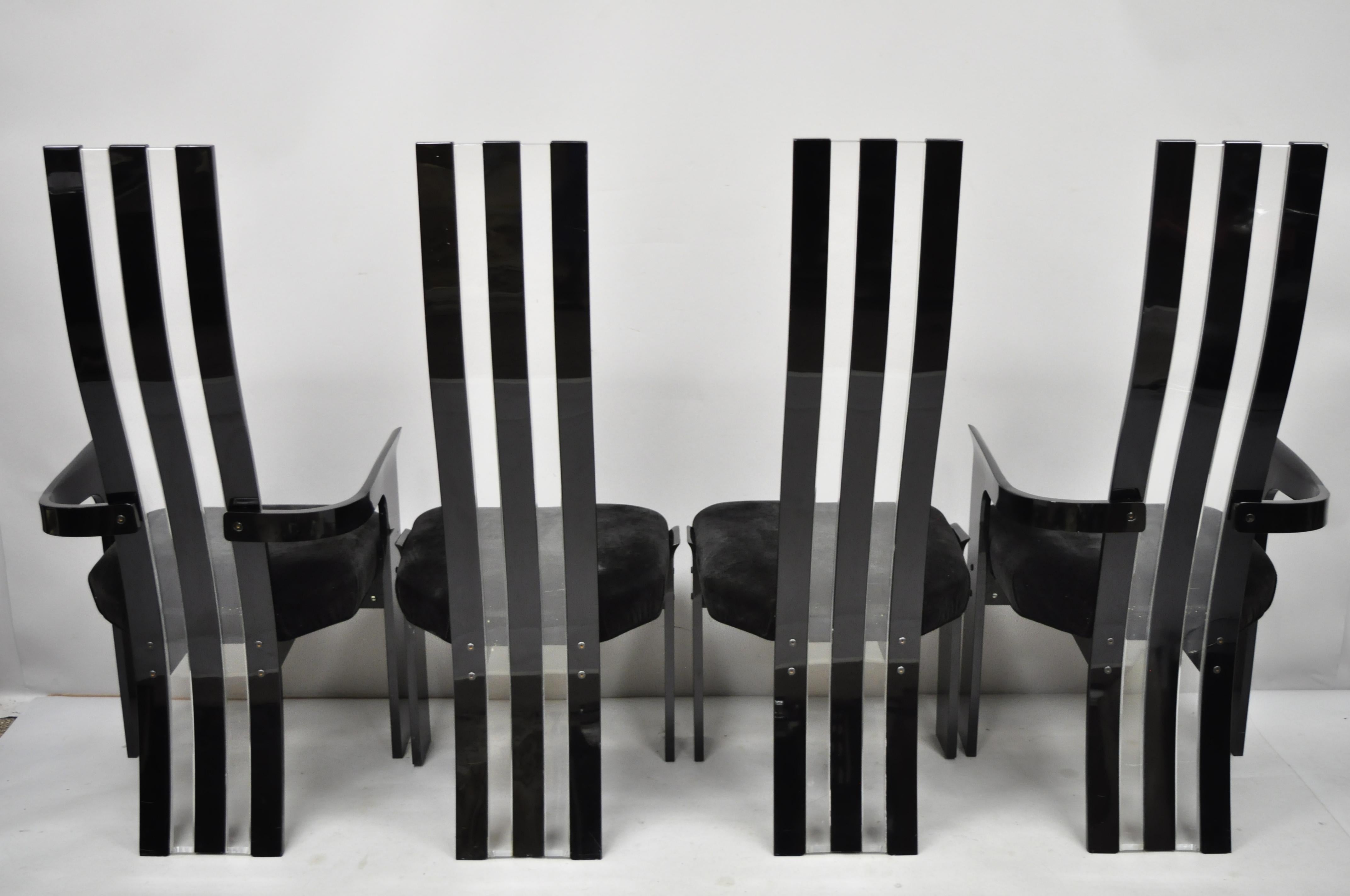 Set of 4 Vintage Black and Clear Lucite High Back Sculptural Dining Chairs For Sale 1