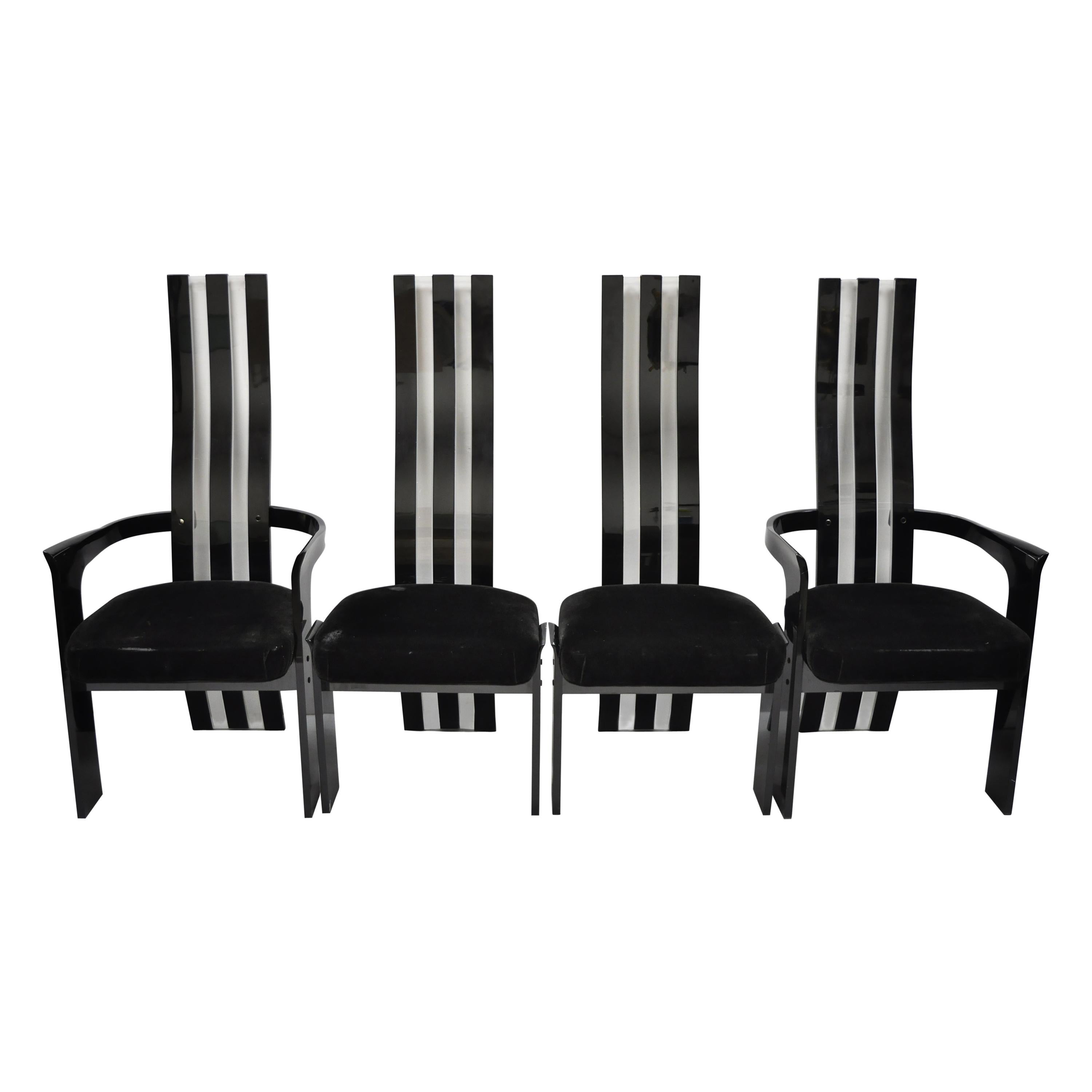 Ensemble de 4 chaises de salle à manger sculpturales à haut dossier en lucite noire et transparente vintage