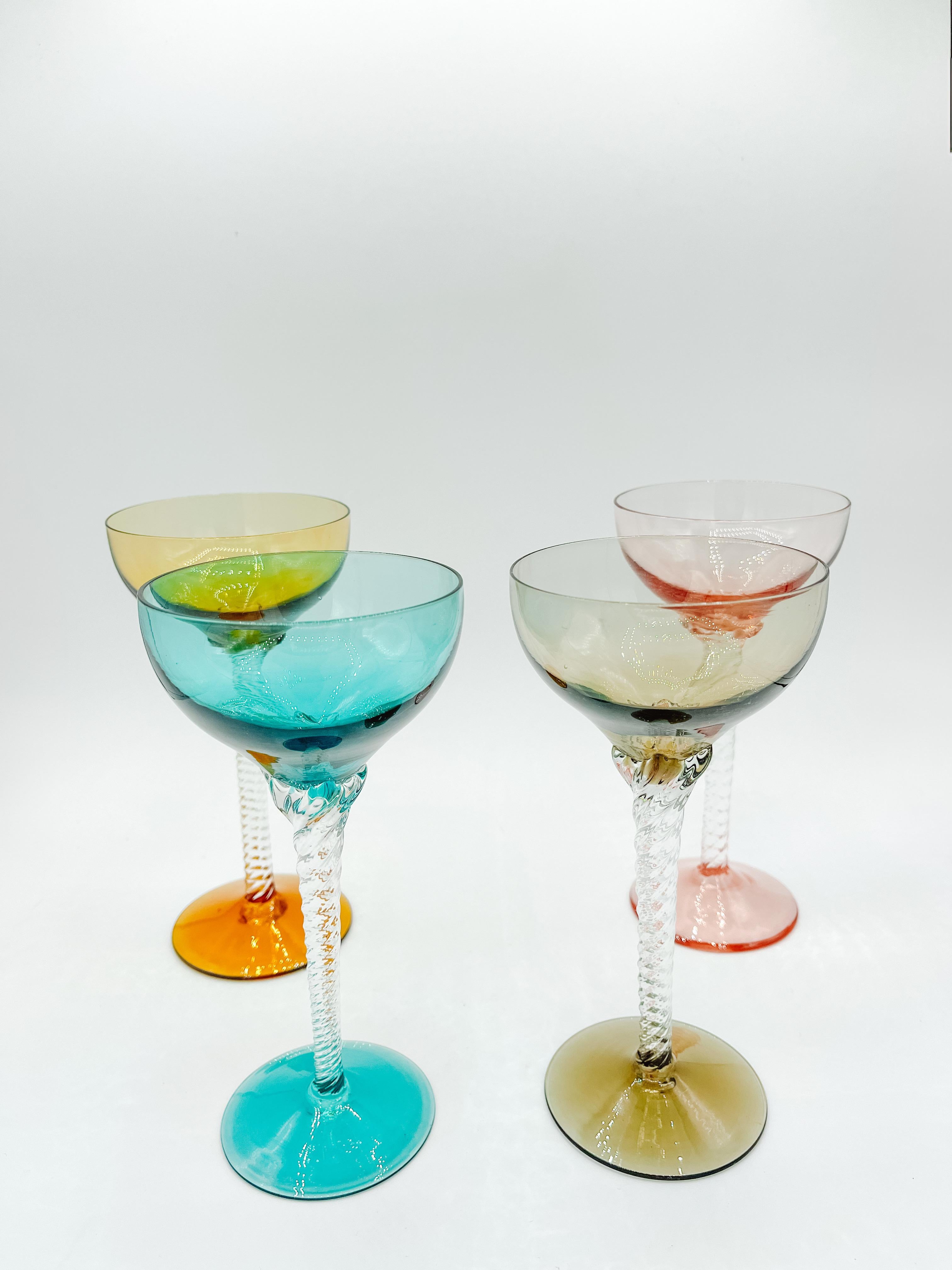 Mid-Century Modern Set of 4 Vintage Bohemian Martini Glasses with Twisted Stems 1960s Multicoloured