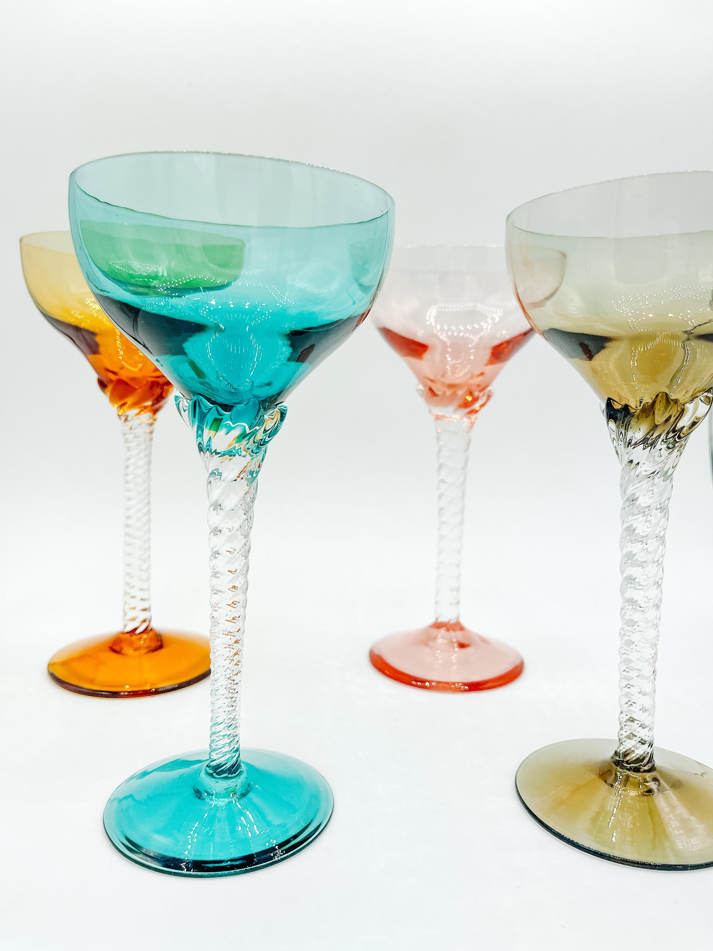 Italian Set of 4 Vintage Bohemian Martini Glasses with Twisted Stems 1960s Multicoloured