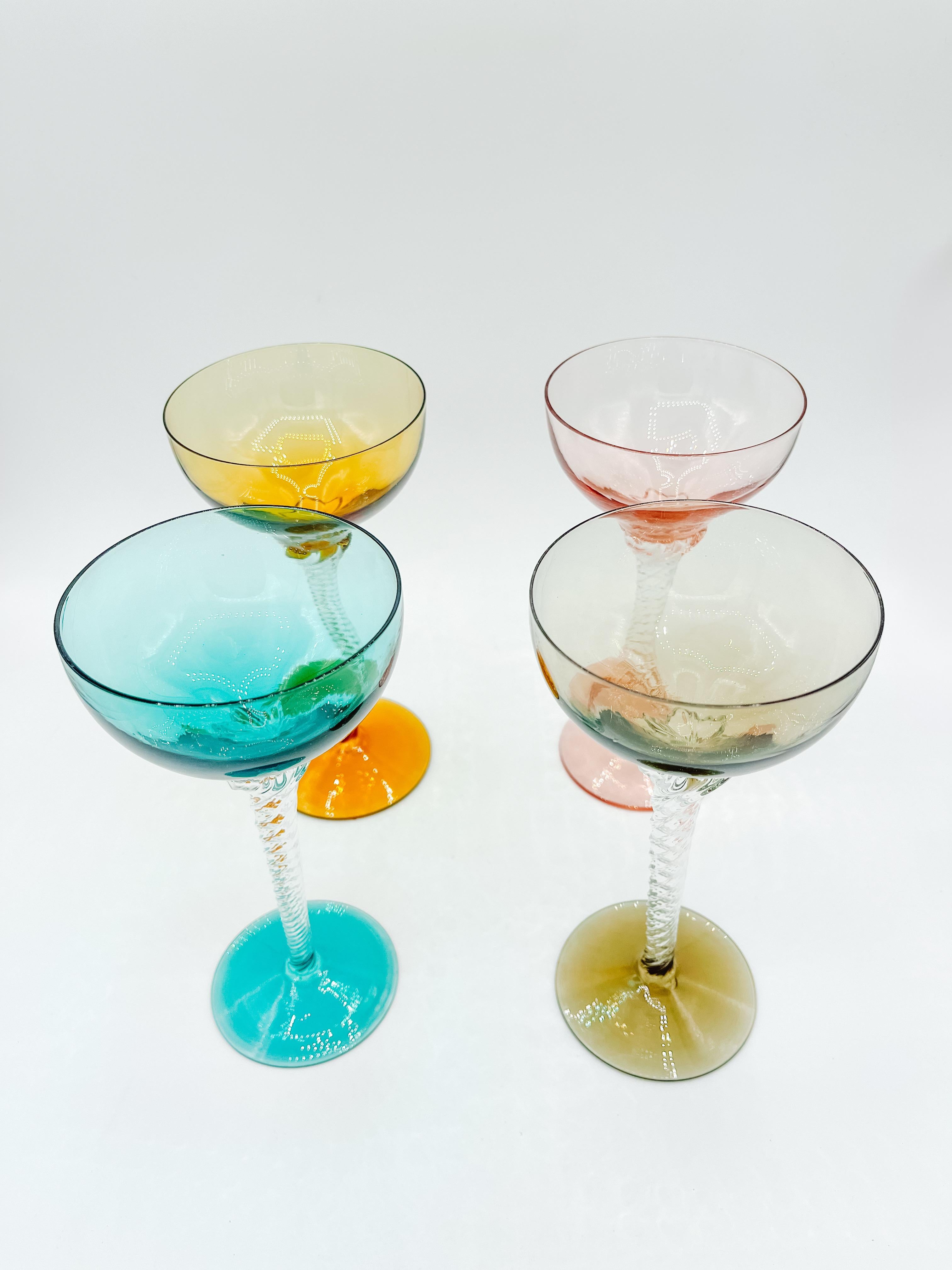20th Century Set of 4 Vintage Bohemian Martini Glasses with Twisted Stems 1960s Multicoloured