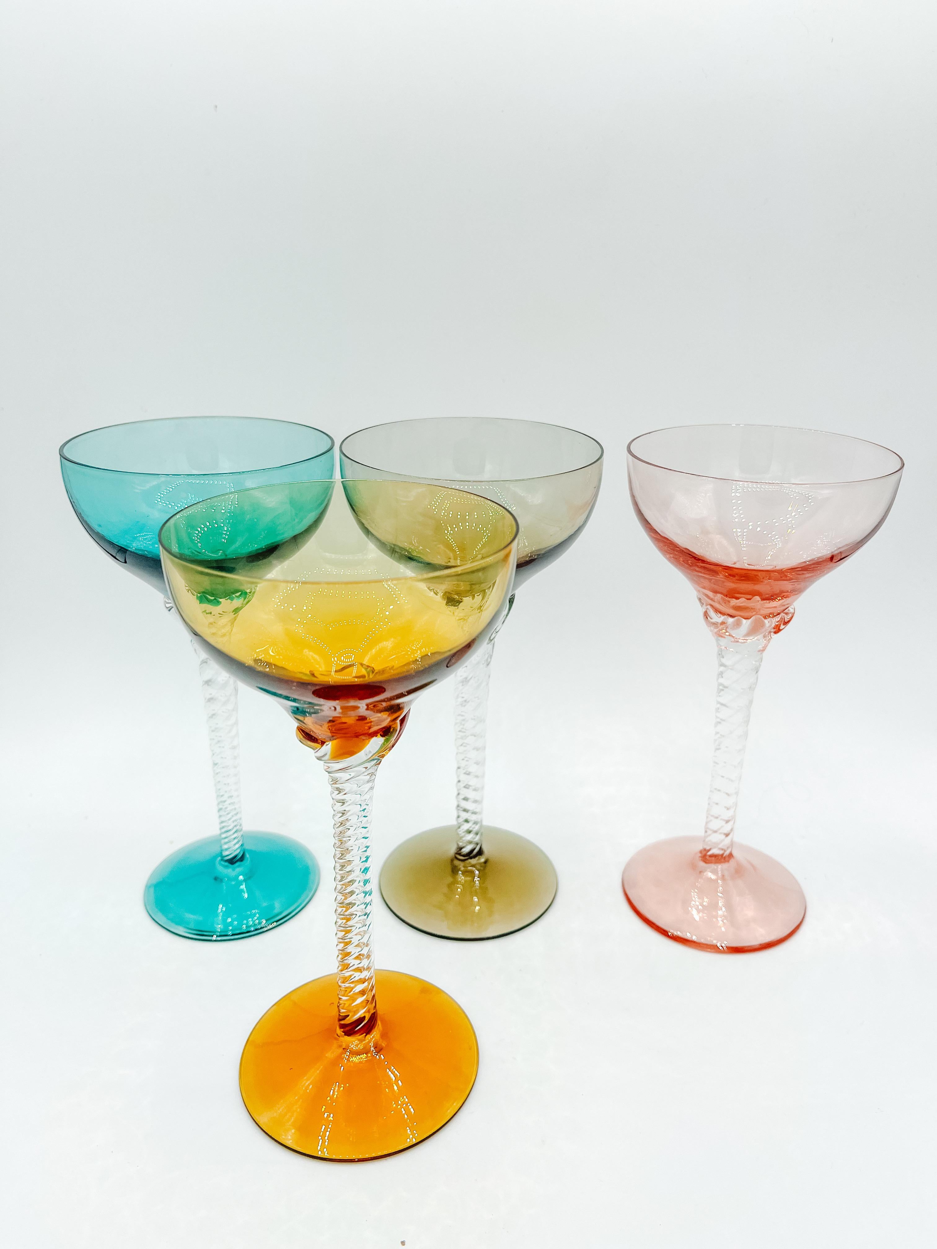Set of 4 Vintage Bohemian Martini Glasses with Twisted Stems 1960s Multicoloured 1
