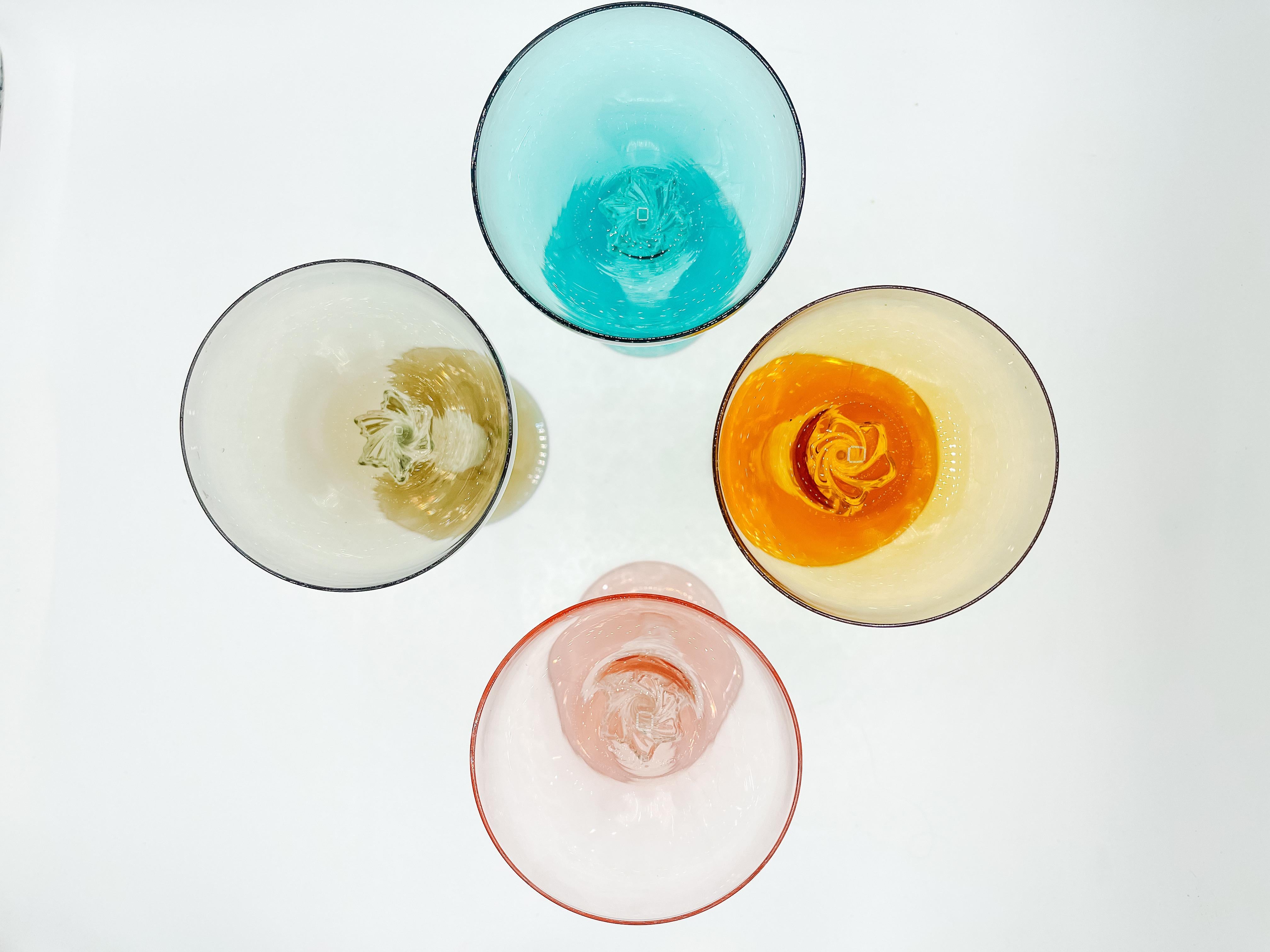 Set of 4 Vintage Bohemian Martini Glasses with Twisted Stems 1960s Multicoloured 3