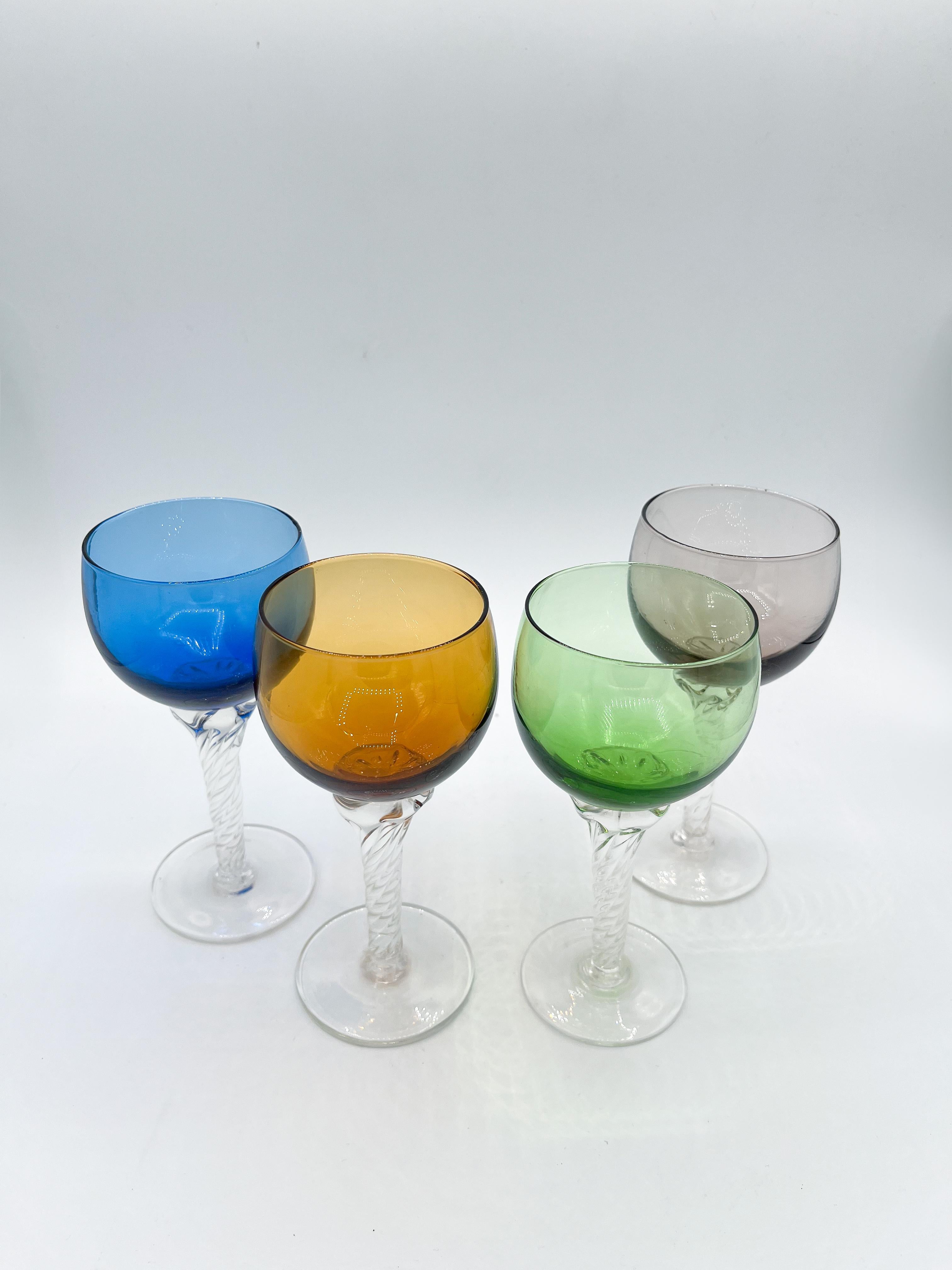Mid-Century Modern Set of 4 Vintage Bohemian Wine Glasses with Twisted Stems 1960s Multicoloured For Sale