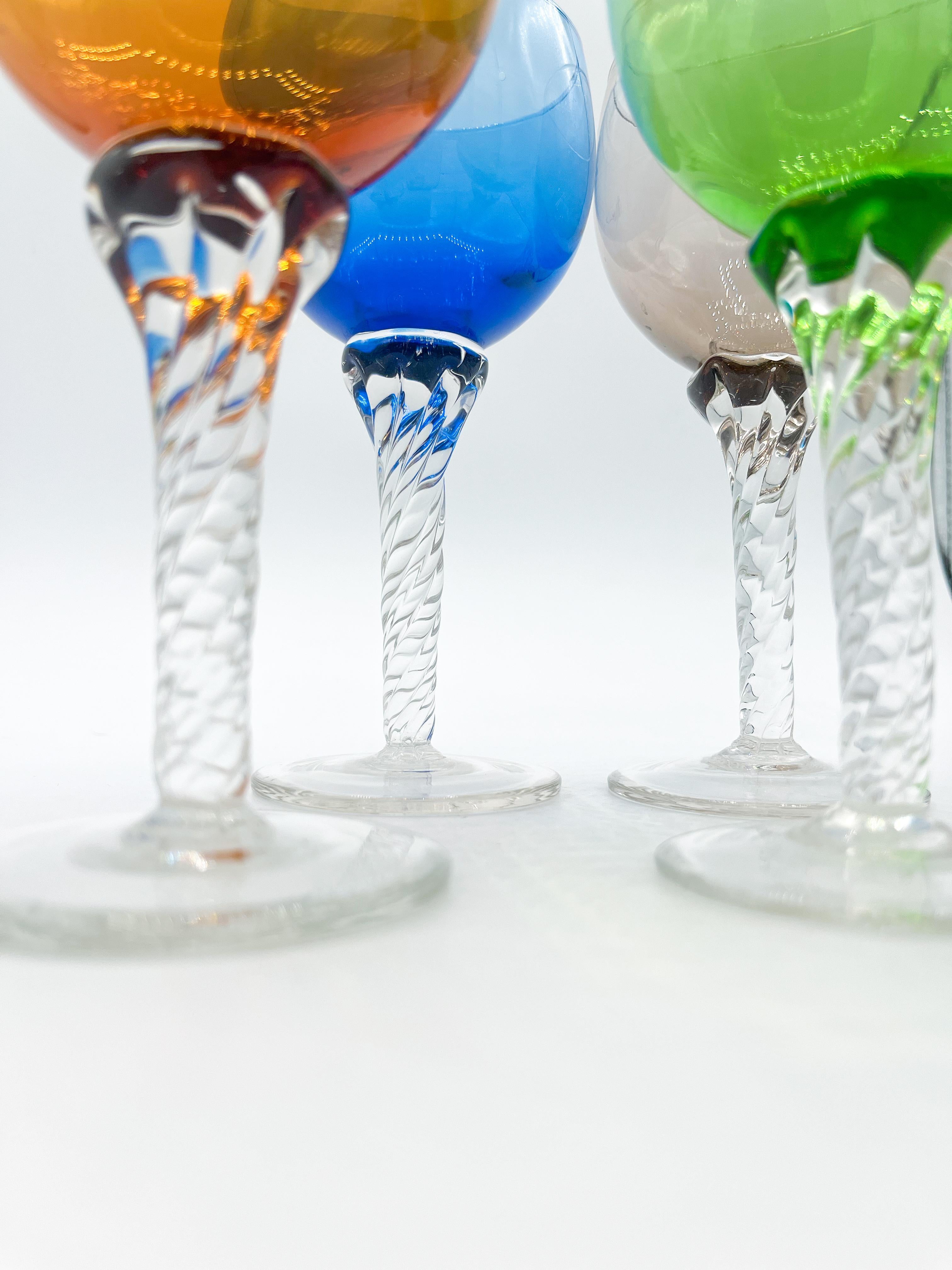 Italian Set of 4 Vintage Bohemian Wine Glasses with Twisted Stems 1960s Multicoloured For Sale