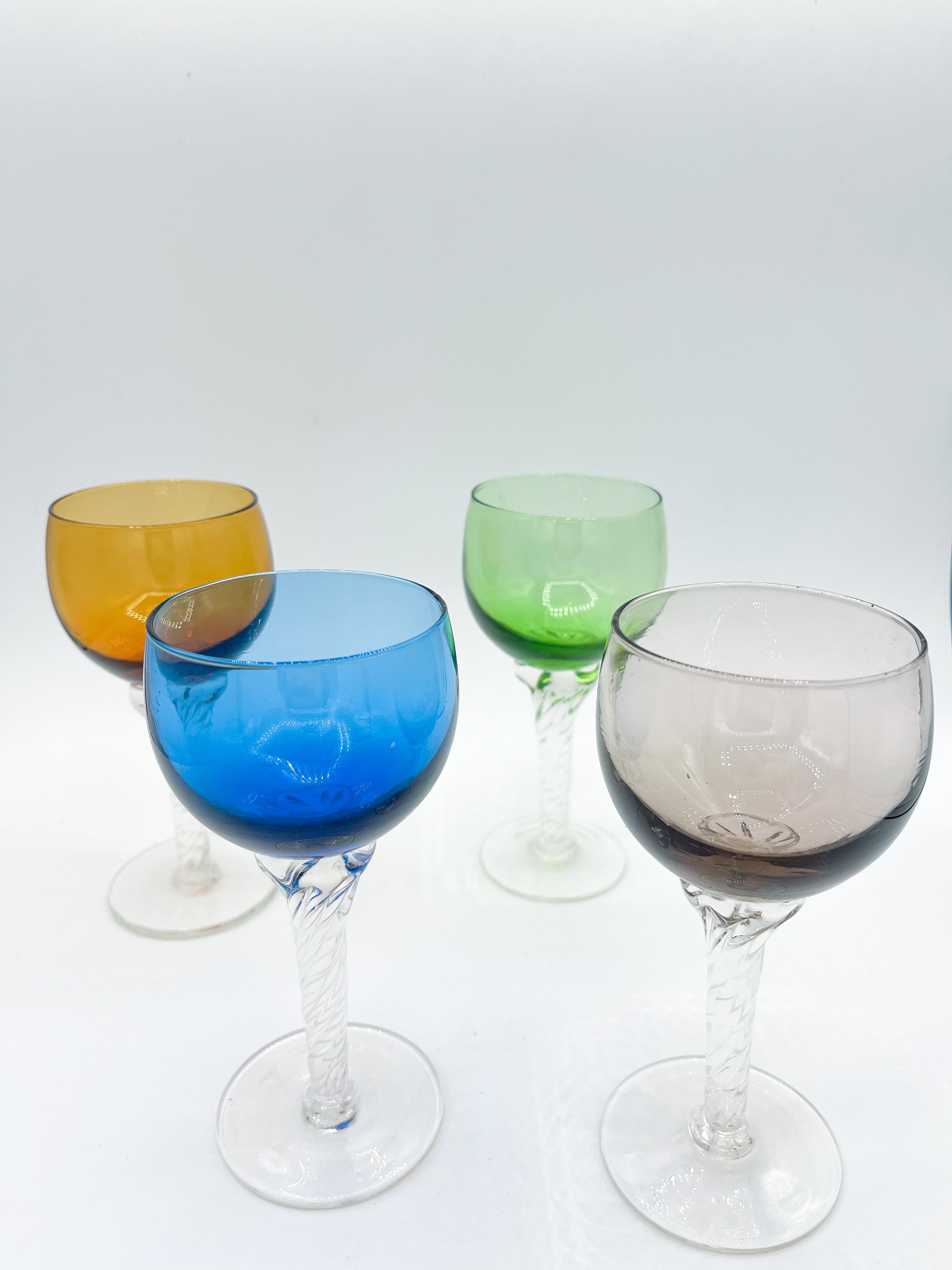 20th Century Set of 4 Vintage Bohemian Wine Glasses with Twisted Stems 1960s Multicoloured For Sale
