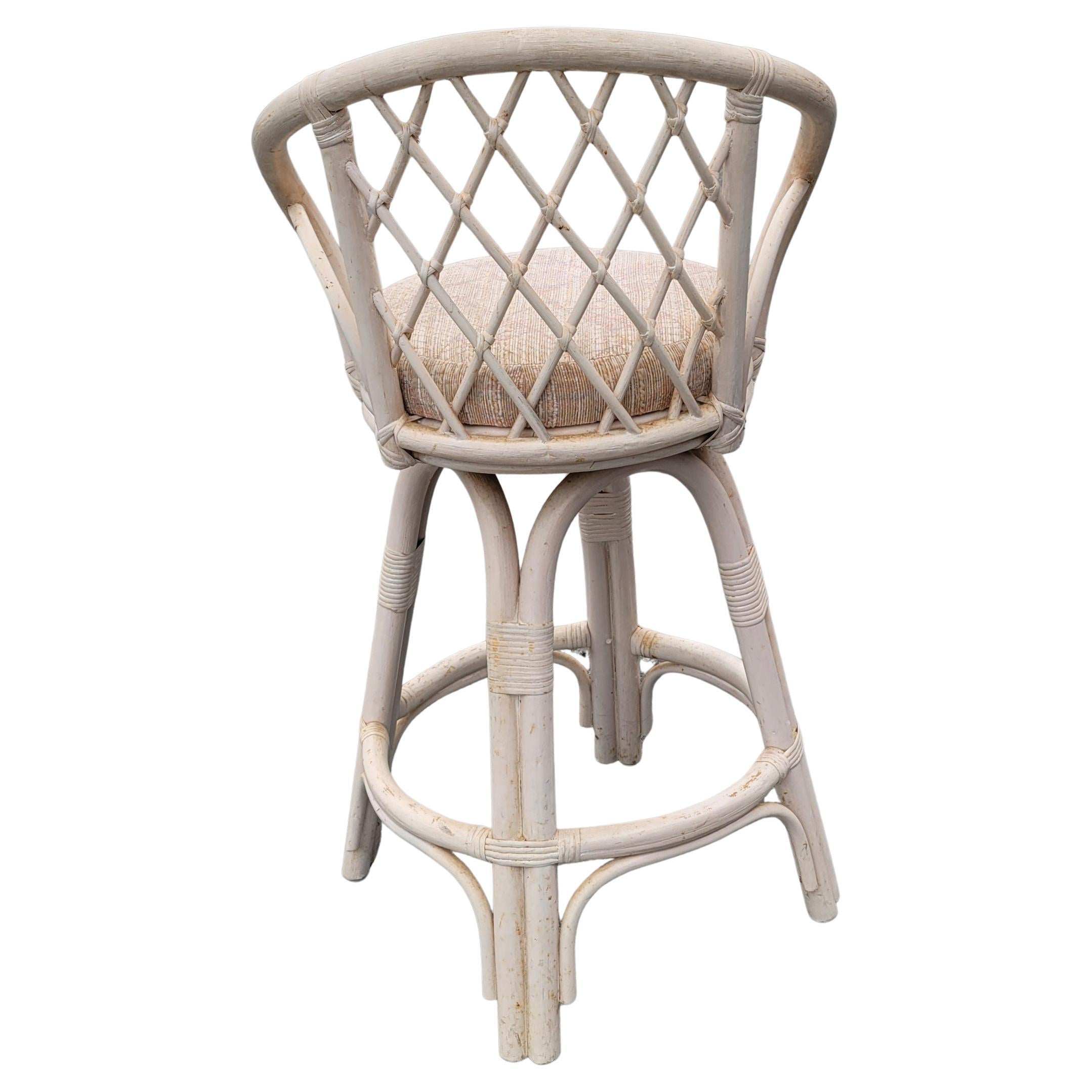 Hand-Crafted Set of 4 Vintage Boho Chic Rattan Swivel Upholstered Barstools For Sale