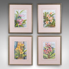 Lote de 4 cuadros vintage de acuarelas botánicas, arte malasio, orquídeas, enmarcados