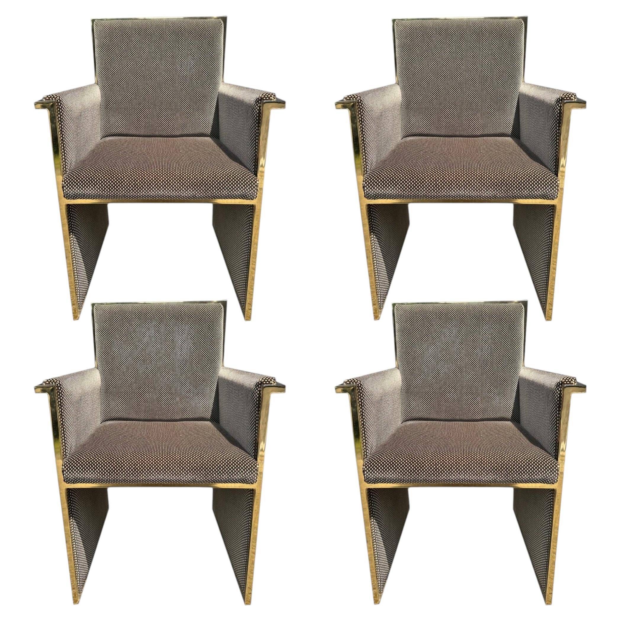 Set of 4 Vintage Brass and Mohair Upholstered Dining Chairs