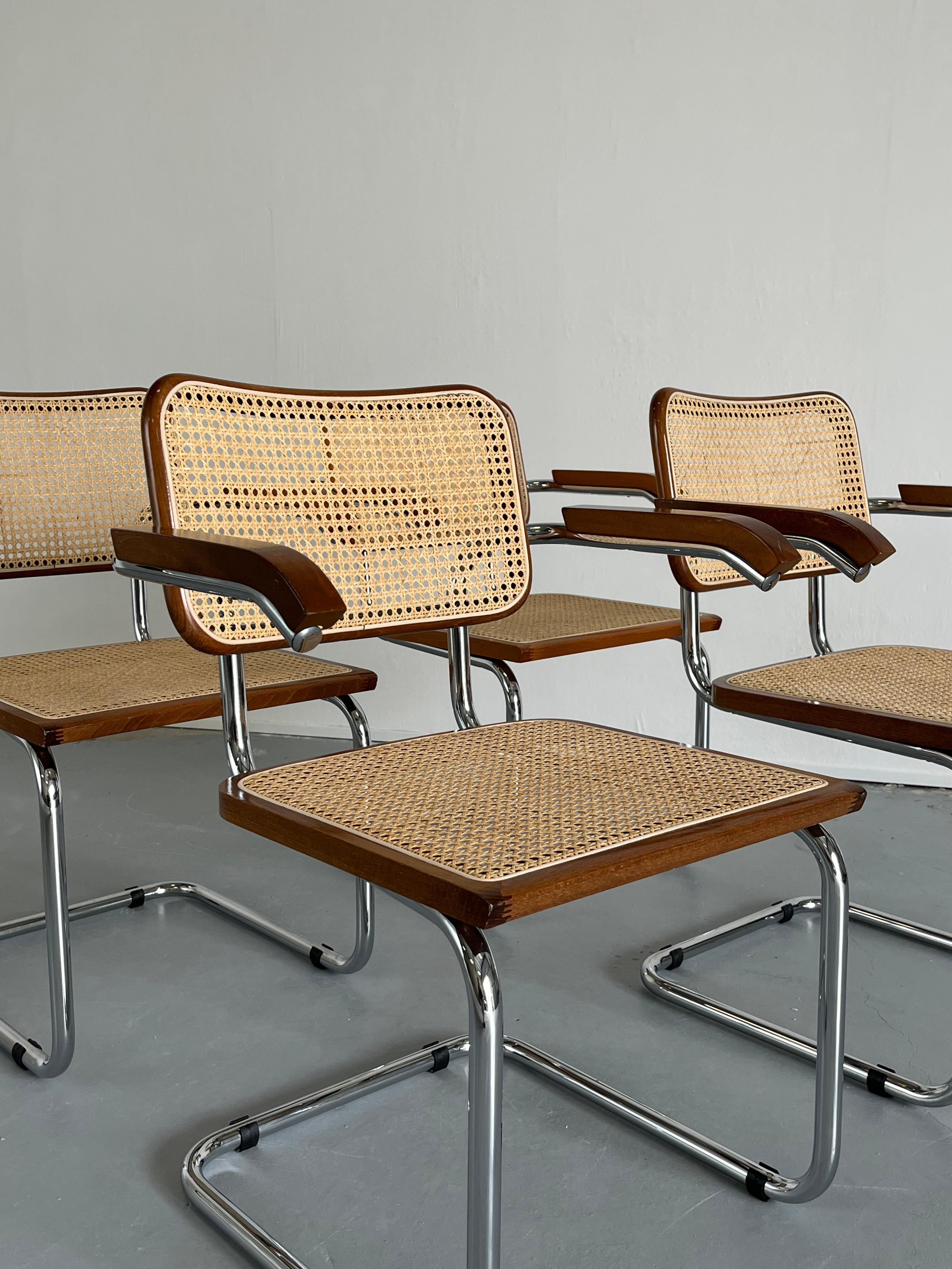 Set of 4 Vintage Brown Cesca Midcentury Italian Cantilever Chair, Marcel Breuer 1