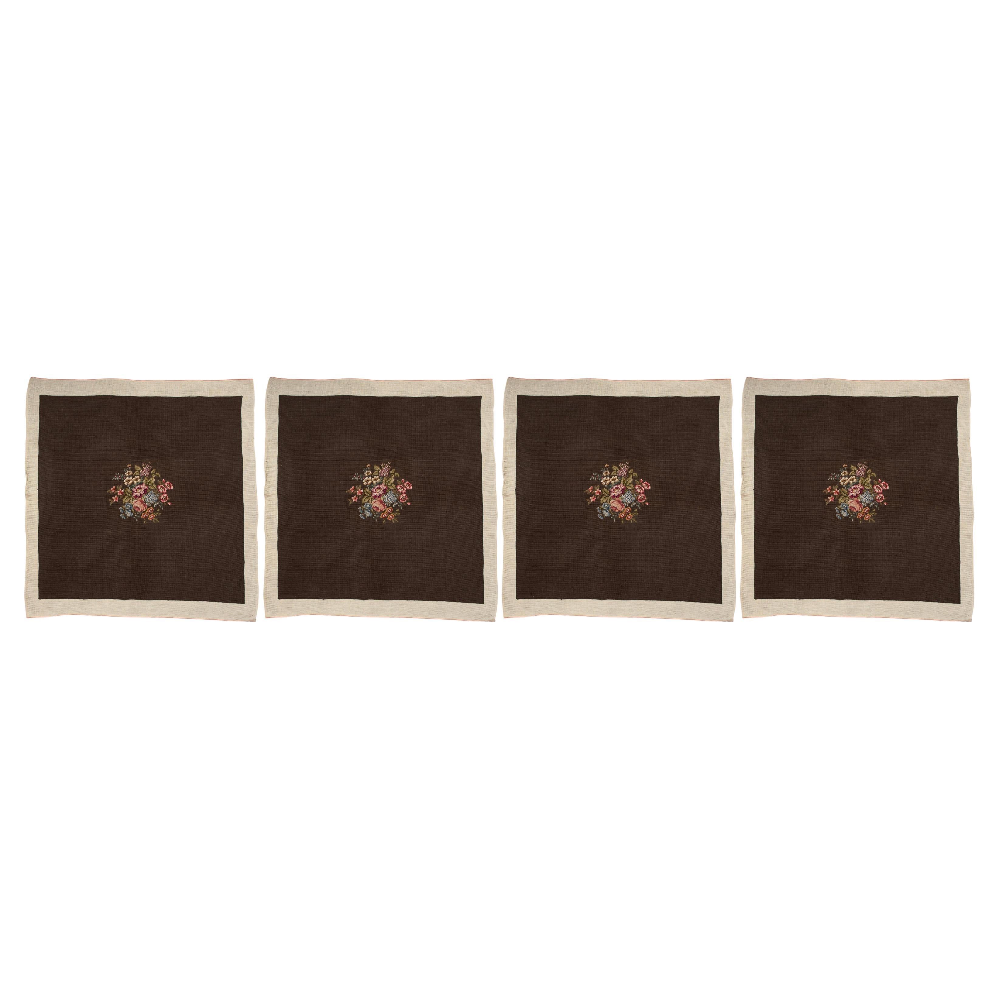 Set of 4 Vintage Brown Wool Needlepoint Tapestry Panels for Upholstery