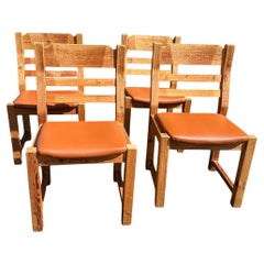Set of 4 Vintage Brutalist Danish Pine and Leather Dining Chairs