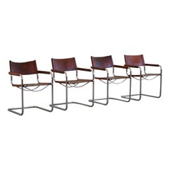Ensemble de 4 fauteuils cantilever vintage en cuir cognac par Linea Veam, Italie, années 70