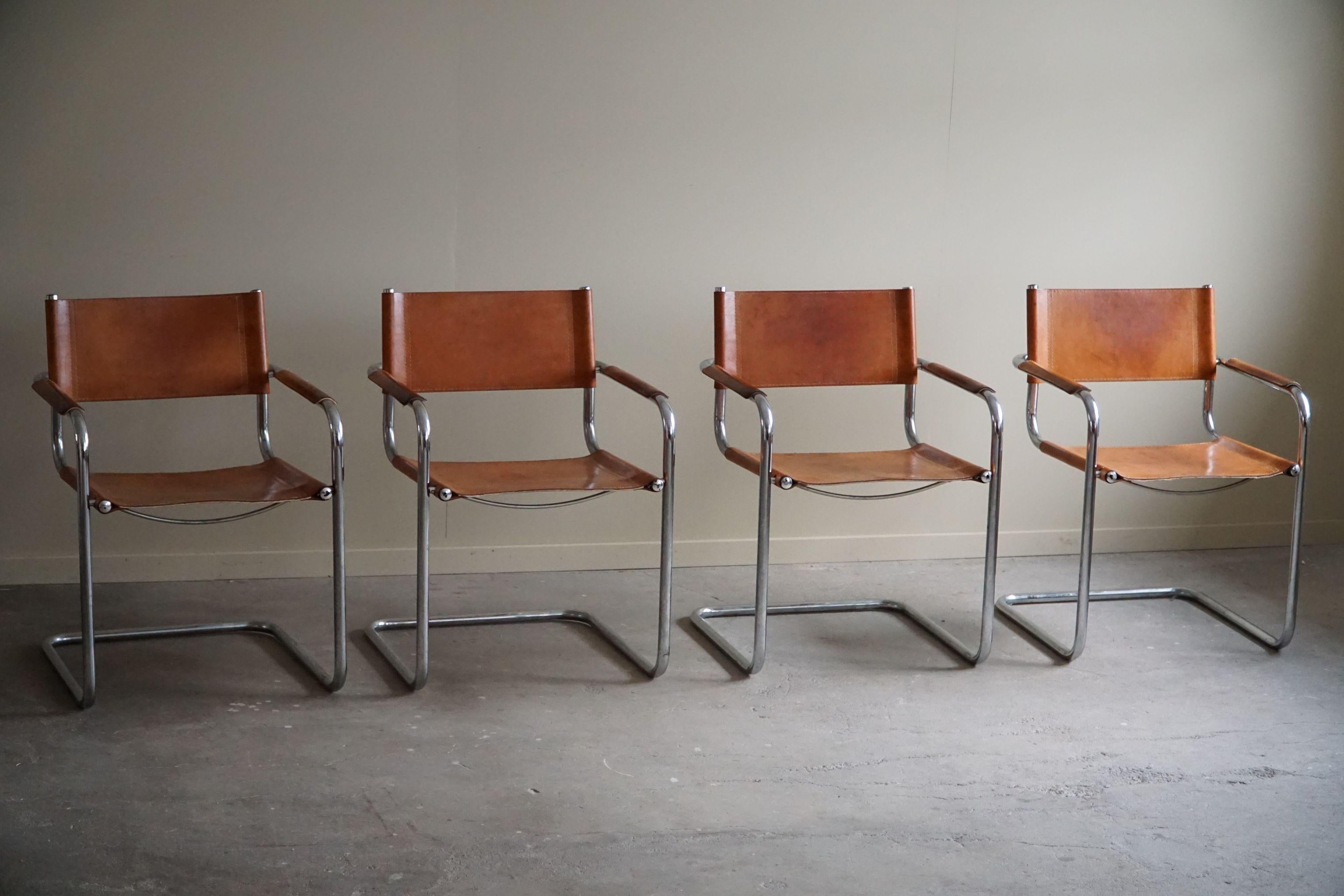 Set of 4 Vintage Cantilever Armchairs in Cognac Leather, Matteo Grassi, 1970s 13