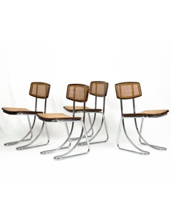 Set of 4 vintage Cantilever Chairs in Chrome, Wood and Vienna Straw, Italy 1970s