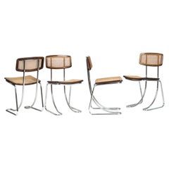 Set of 4 vintage Cantilever Chairs in Chrome, Wood and Vienna Straw, Italy 1970s