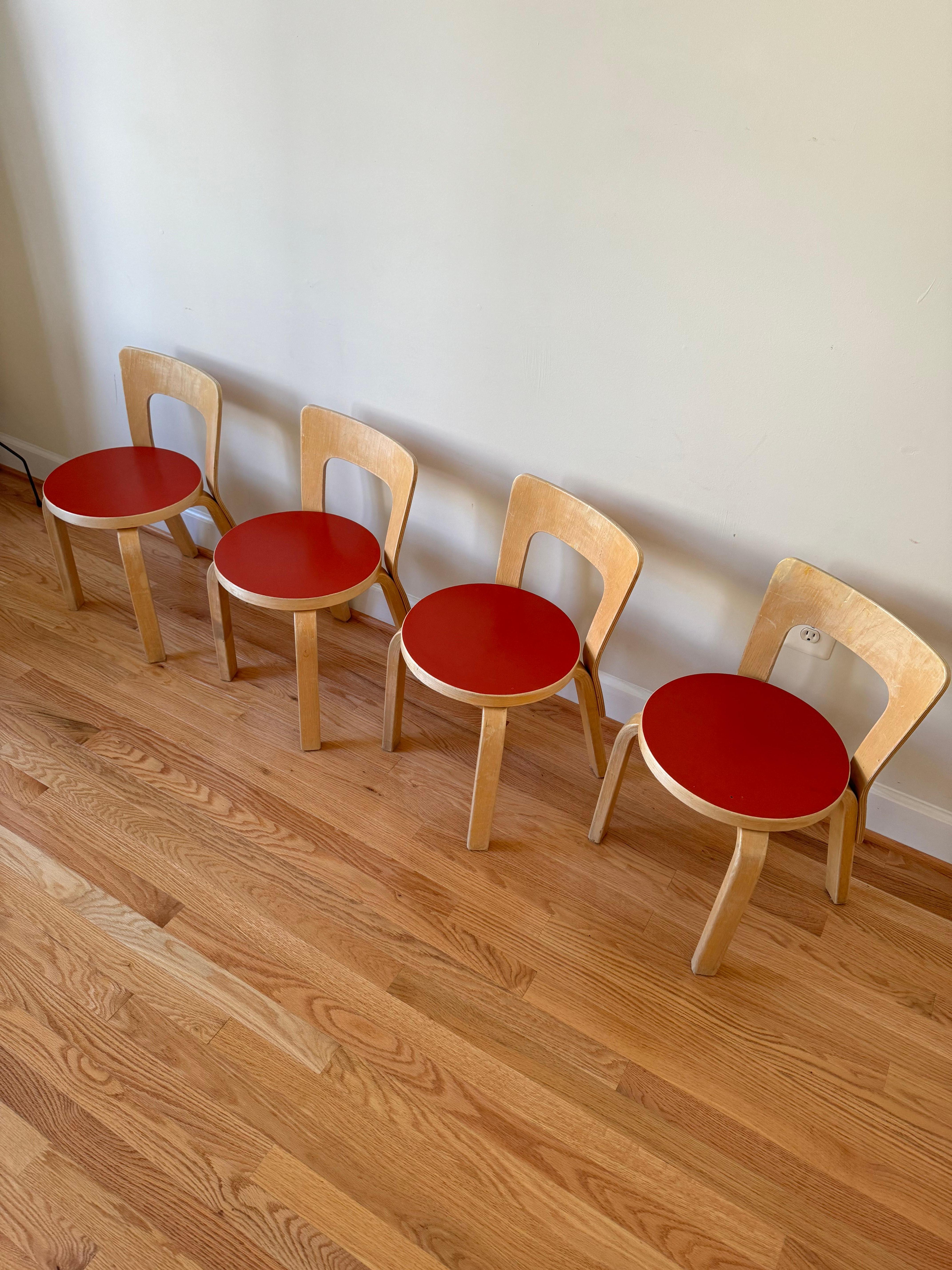 Finnish Set of 4 Vintage Chair N65 by Alvar Aalto for Artek (Red Linoleum)