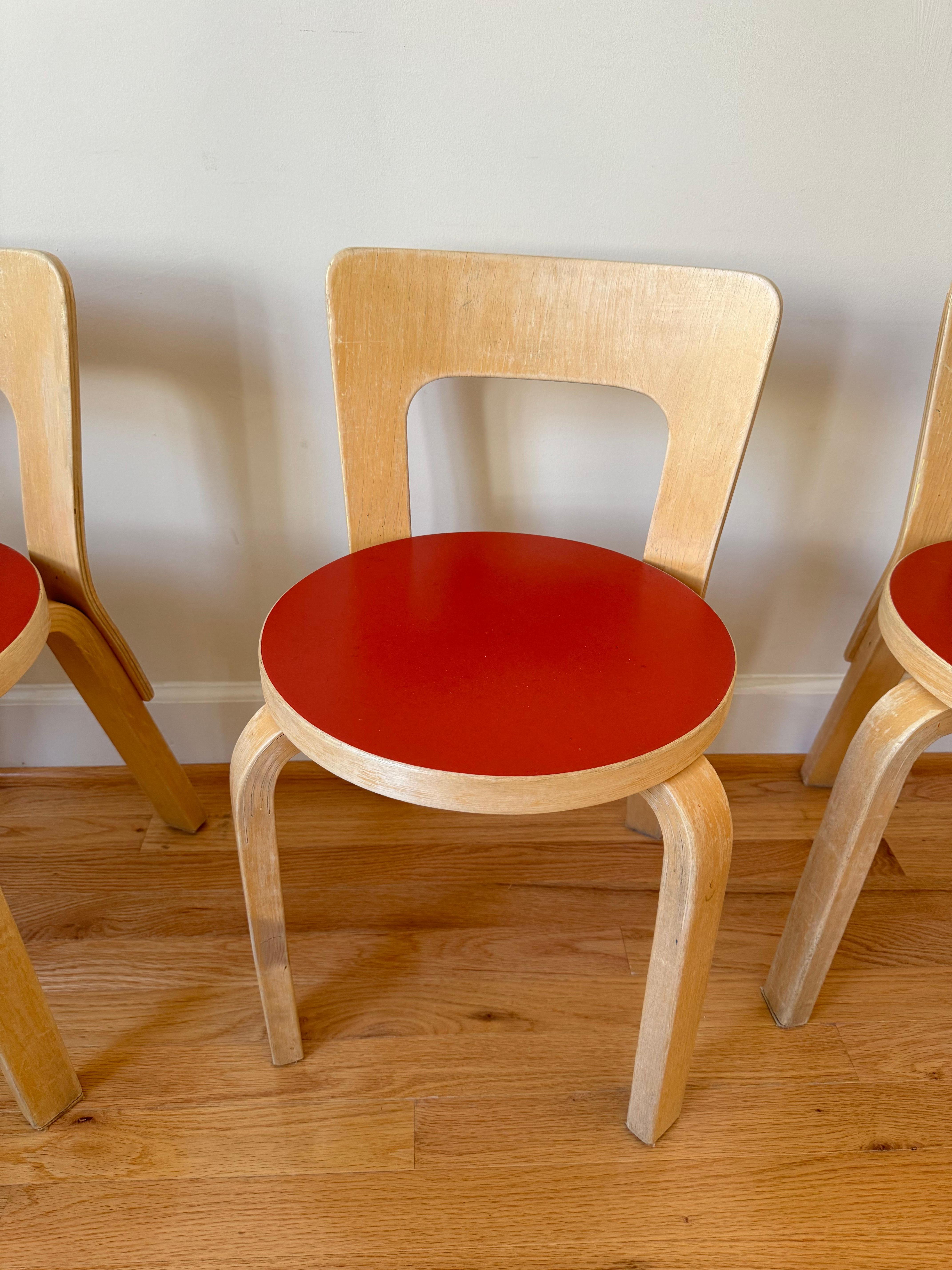 Mid-20th Century Set of 4 Vintage Chair N65 by Alvar Aalto for Artek (Red Linoleum)