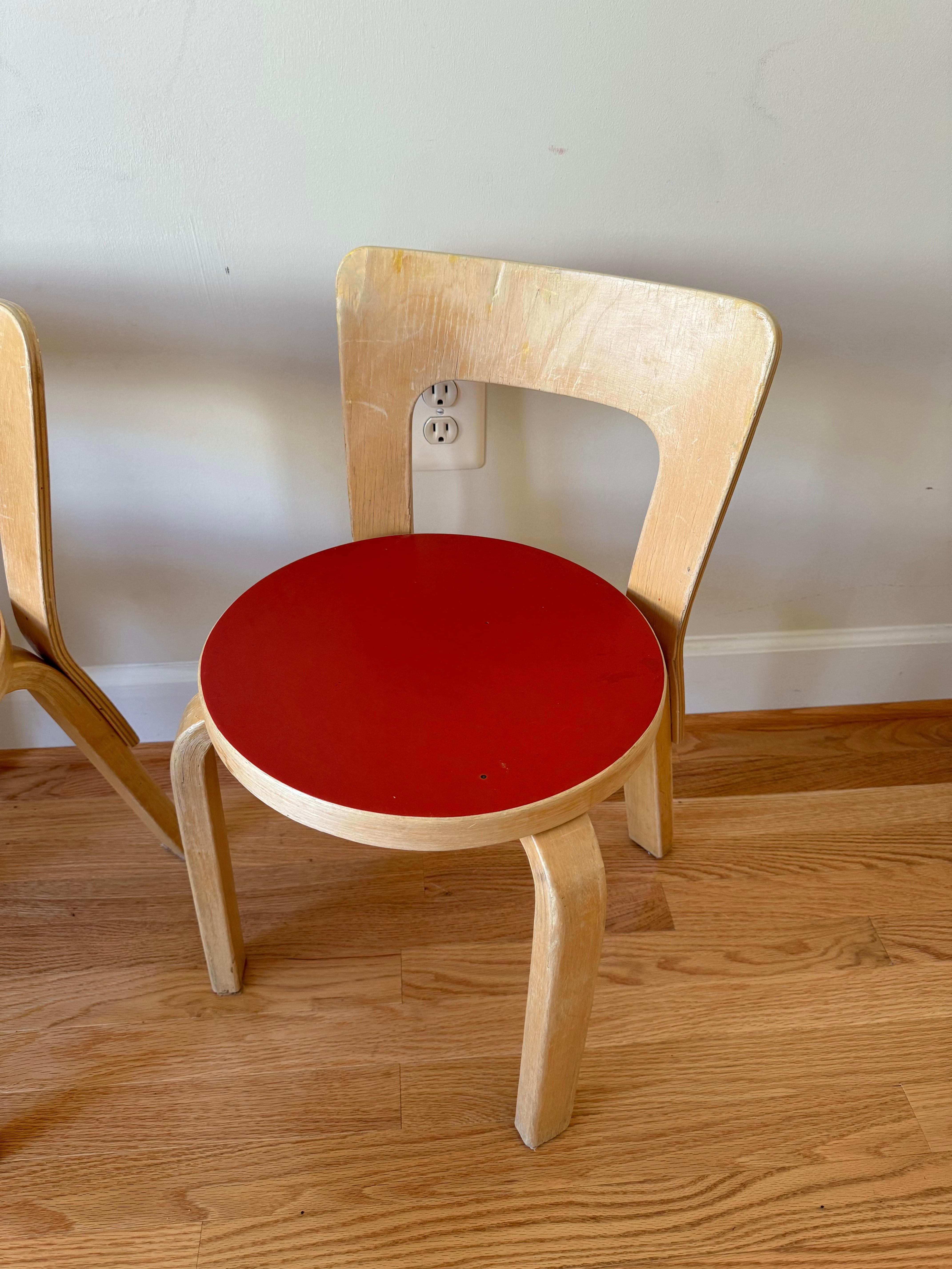 Set of 4 Vintage Chair N65 by Alvar Aalto for Artek (Red Linoleum) 1