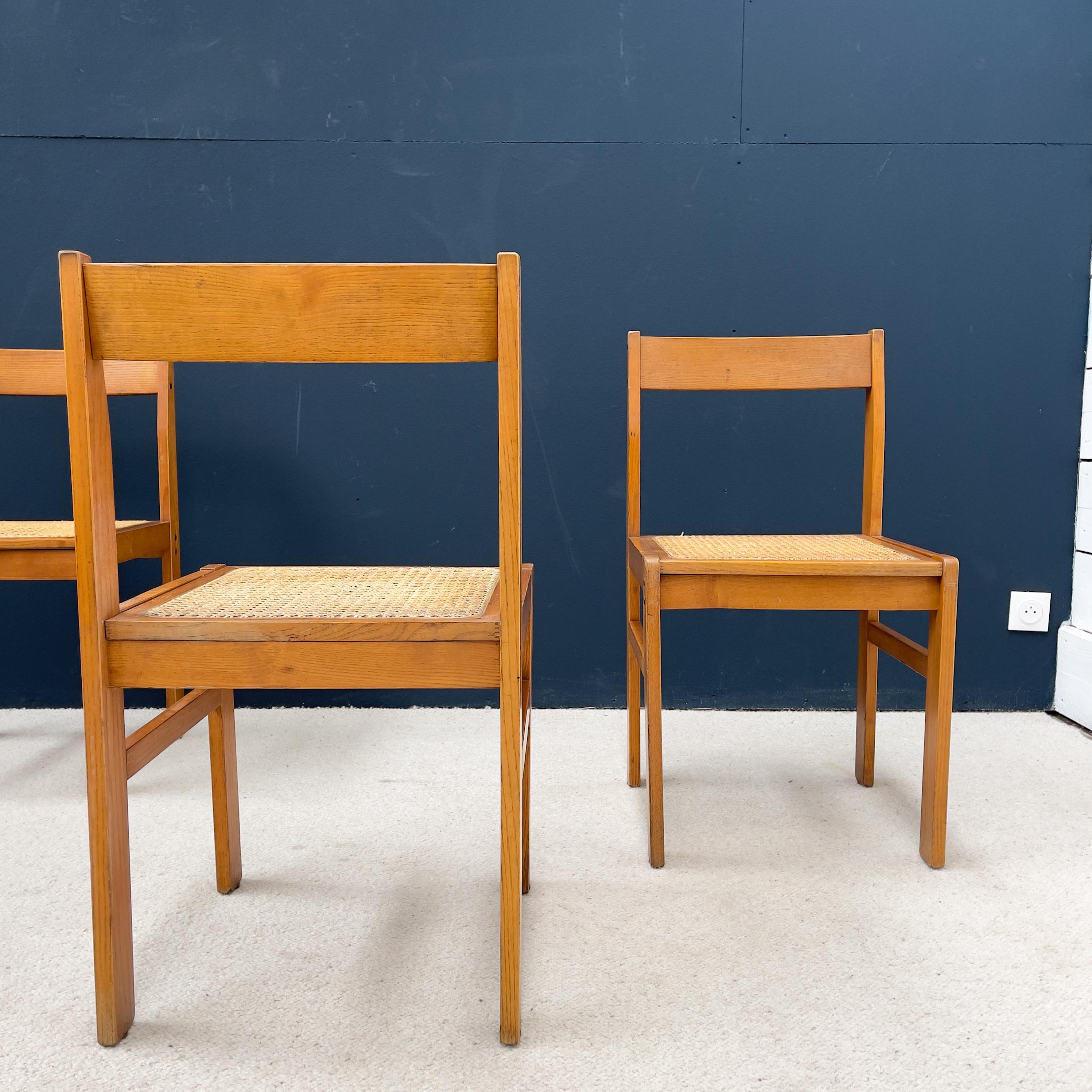 French Set of 4 Vintage Chairs in Ash and Caning 1950 For Sale