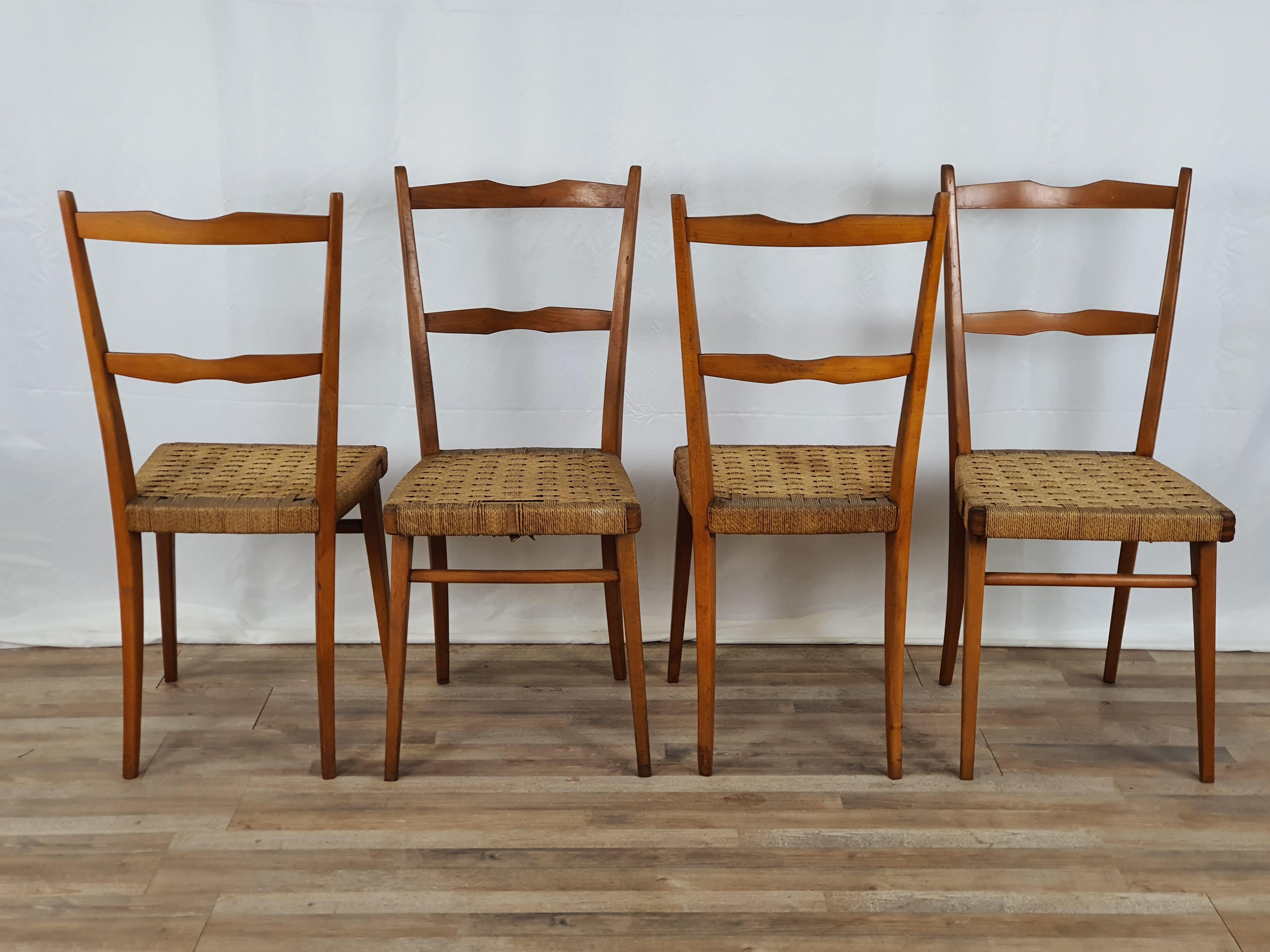 Mid-Century Modern Set of 4 Vintage Chairs in Beech and Woven Rope