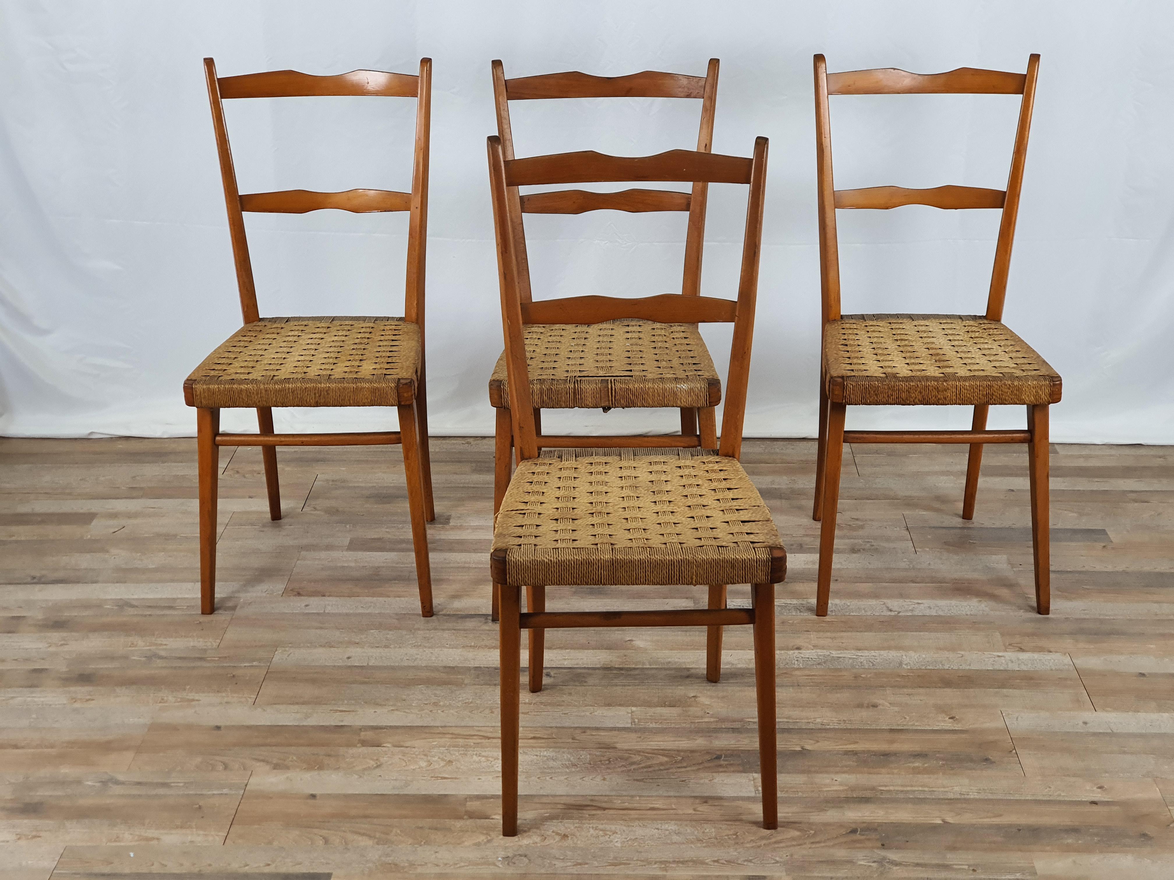 Italian Set of 4 Vintage Chairs in Beech and Woven Rope
