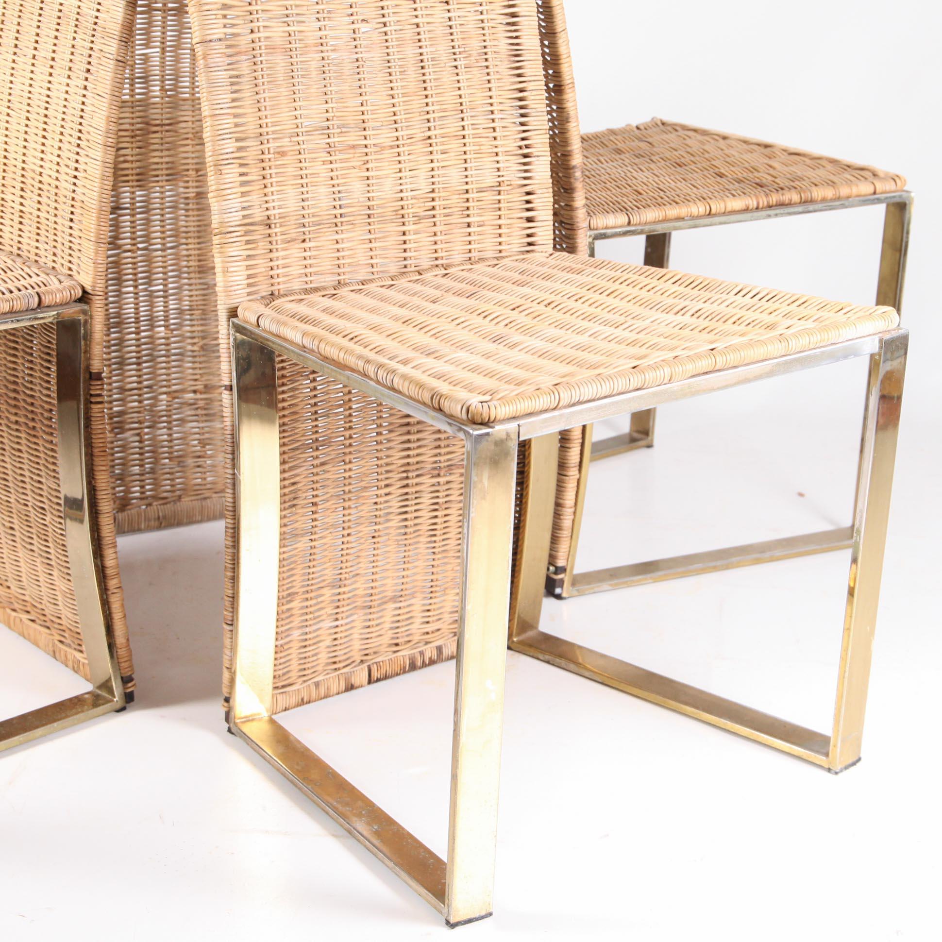 Ensemble de 4 chaises vintage en métal doré et osier en vente 4