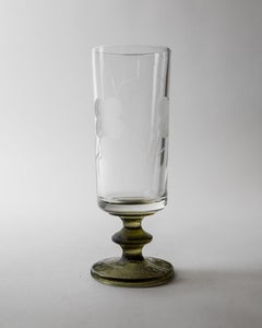 Set of 4 Vintage Champagne Glasses, Olive Green Stems, Etched Floral, 1970s