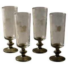 Set of 4 Vintage Champagne Glasses, Olive Green Stems, Etched Floral, 1970s
