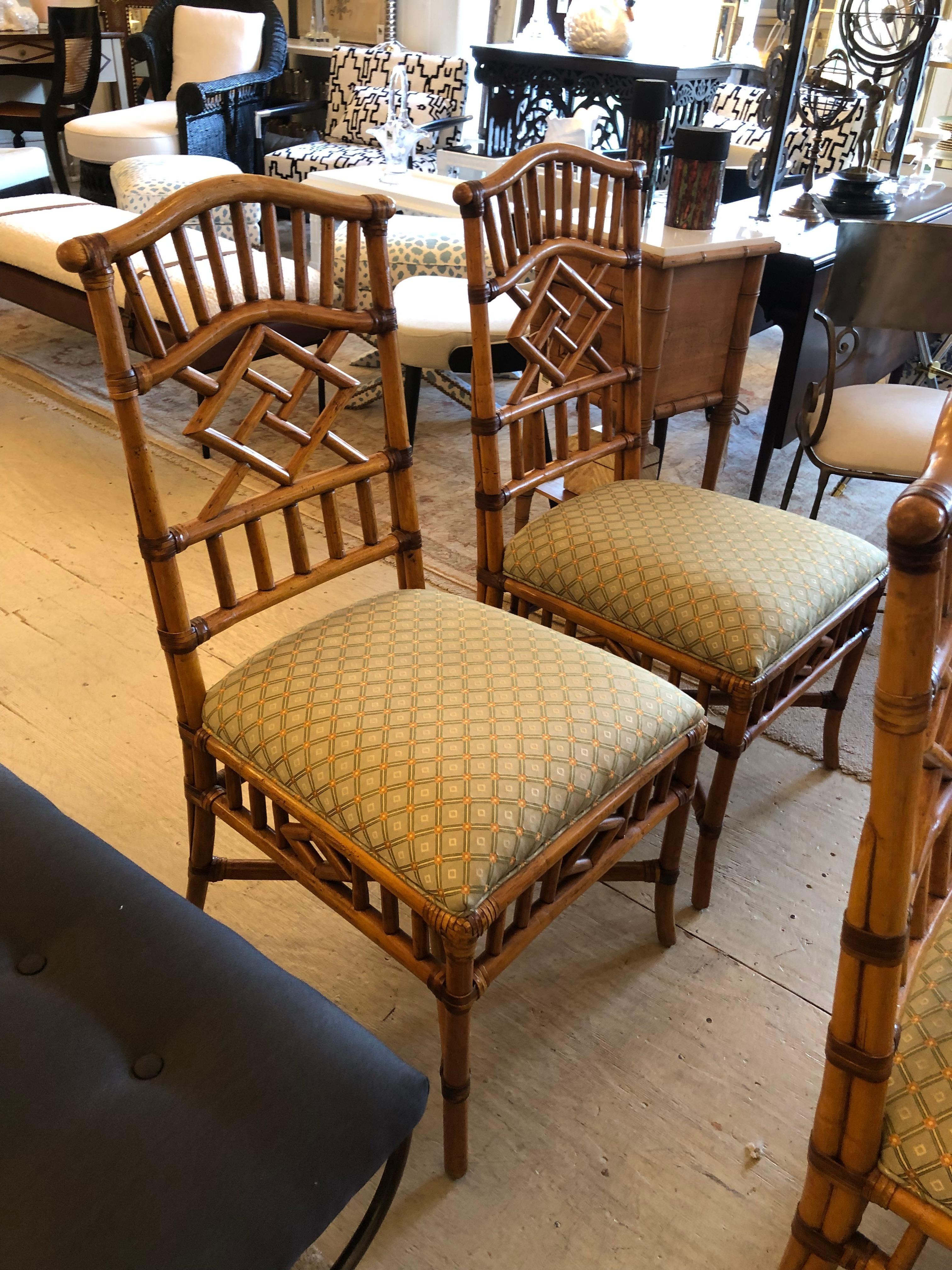 Set of 4 Vintage Chinese Chippendale Honey Rattan Dining Chairs 5