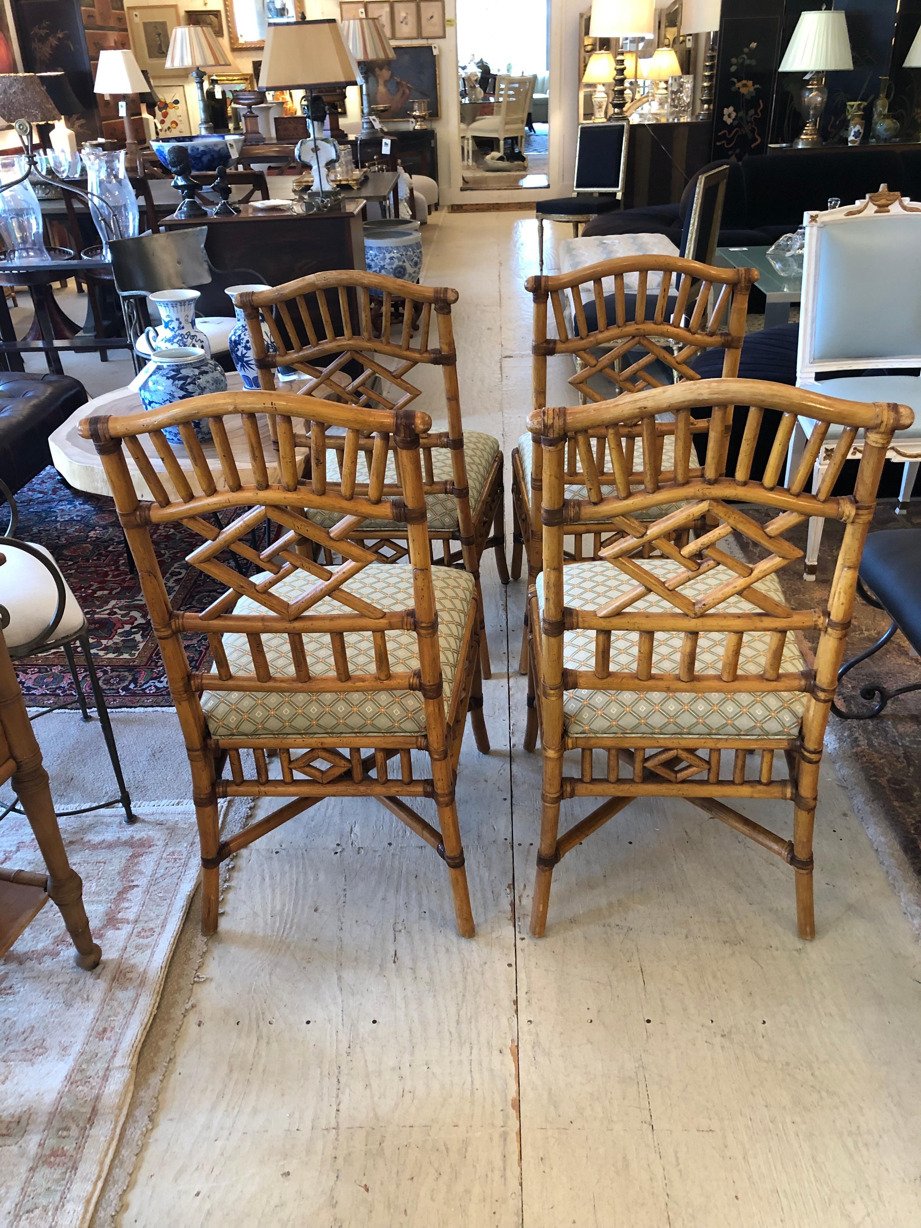 Set of 4 Vintage Chinese Chippendale Honey Rattan Dining Chairs 6