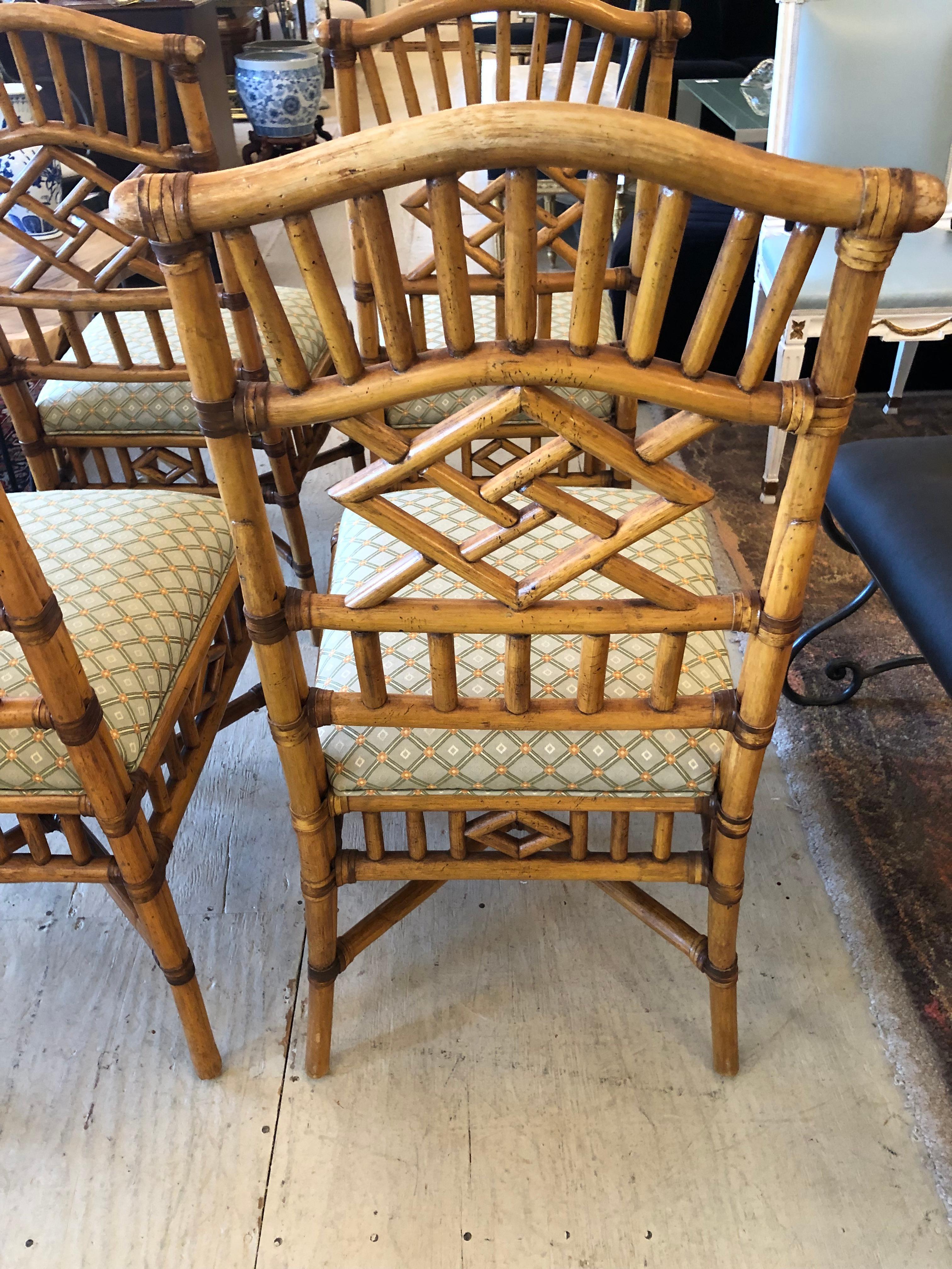 Set of 4 Vintage Chinese Chippendale Honey Rattan Dining Chairs 8