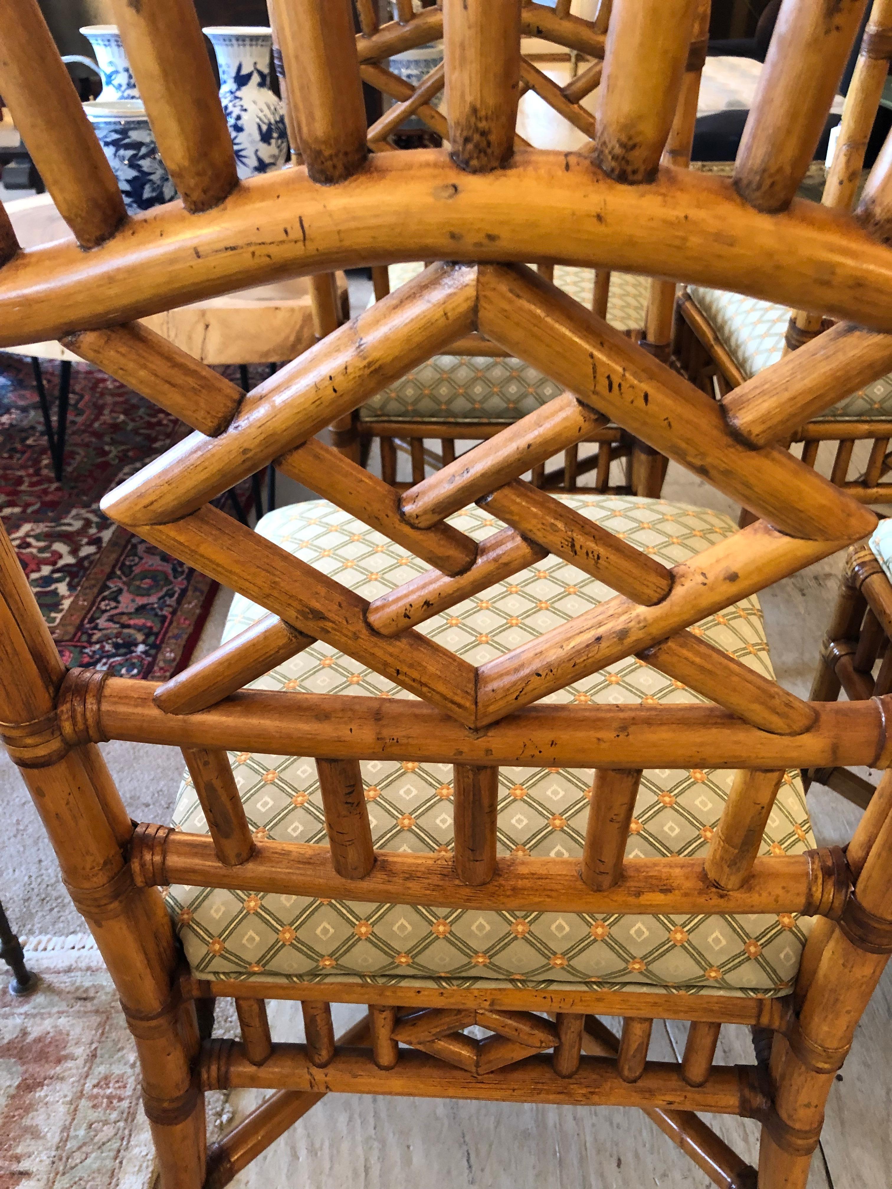 Set of 4 Vintage Chinese Chippendale Honey Rattan Dining Chairs 9